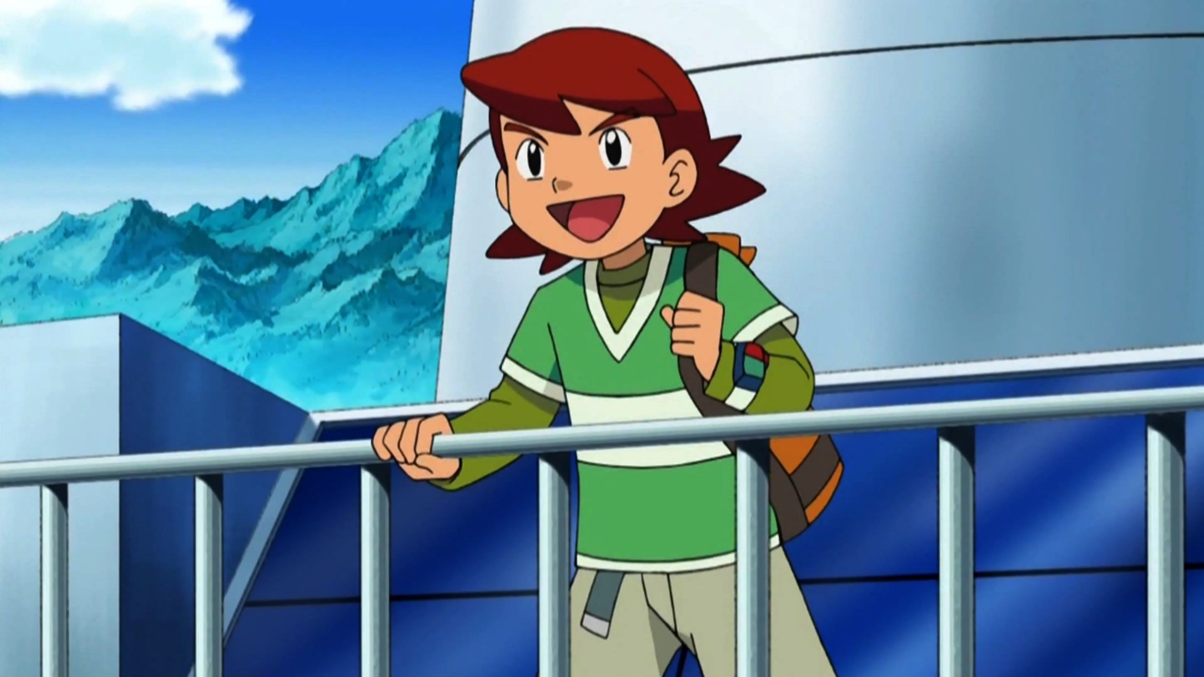 A young Pokémon Coordinator named Kenny standing on a balcony with mountains in the background.