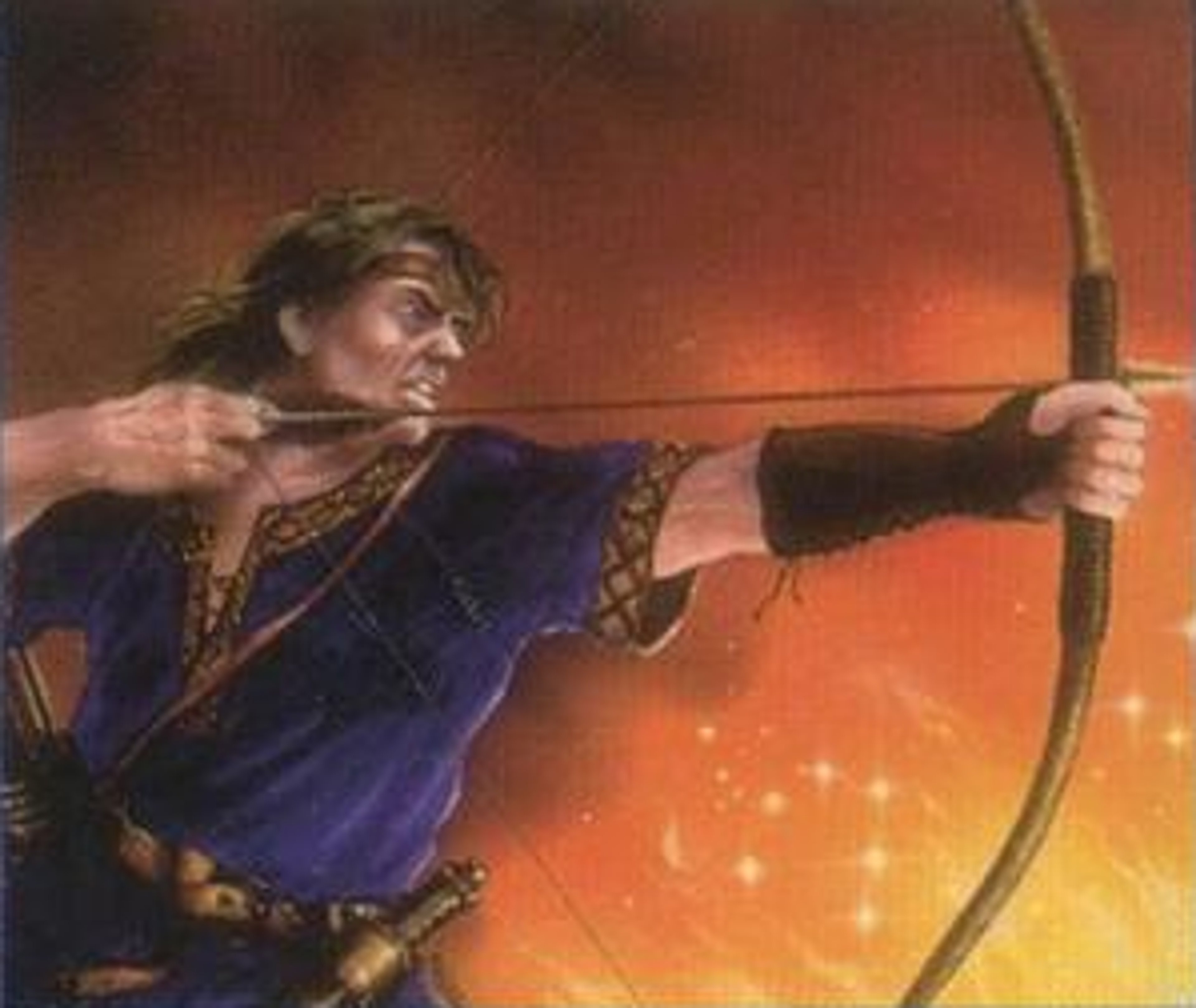 A man with long dark hair and a beard, wearing a blue and gold outfit, holding a bow and arrow in a fiery, dramatic setting.