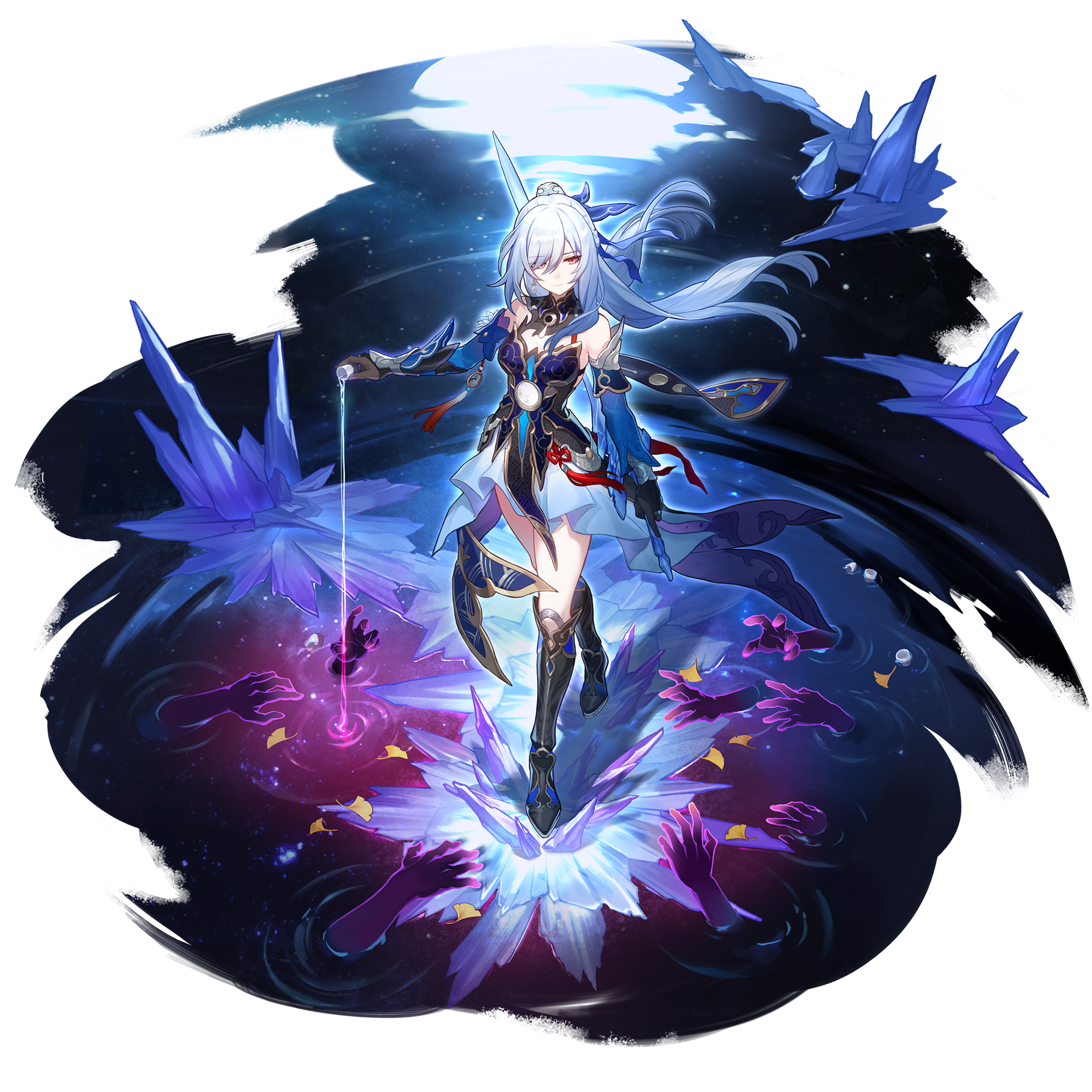 A female sword fighter with white hair and an ornate outfit, surrounded by ice crystals and energy.