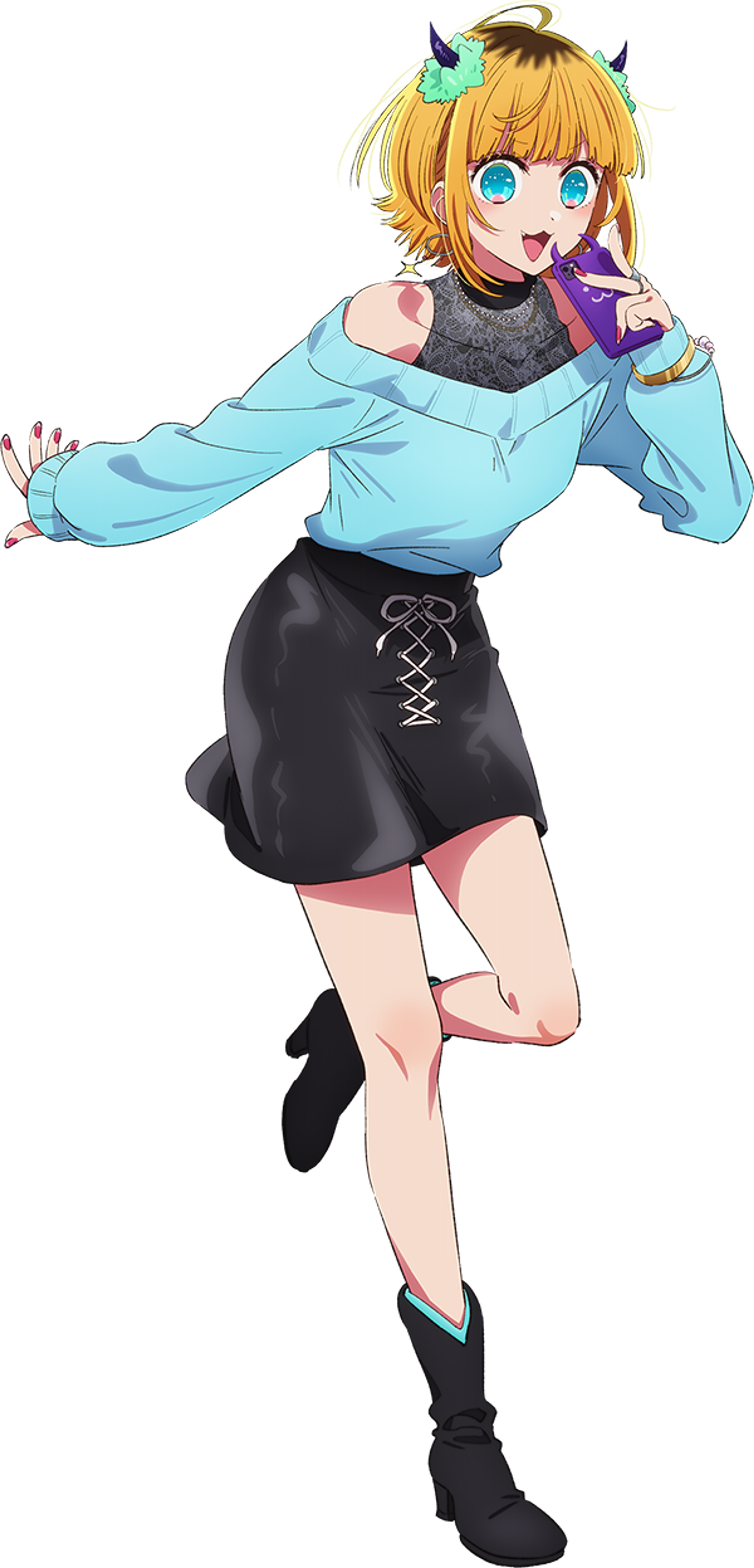 An anime-style character with blonde hair, devil horns, and a cheerful expression, wearing a light blue jacket and black top.