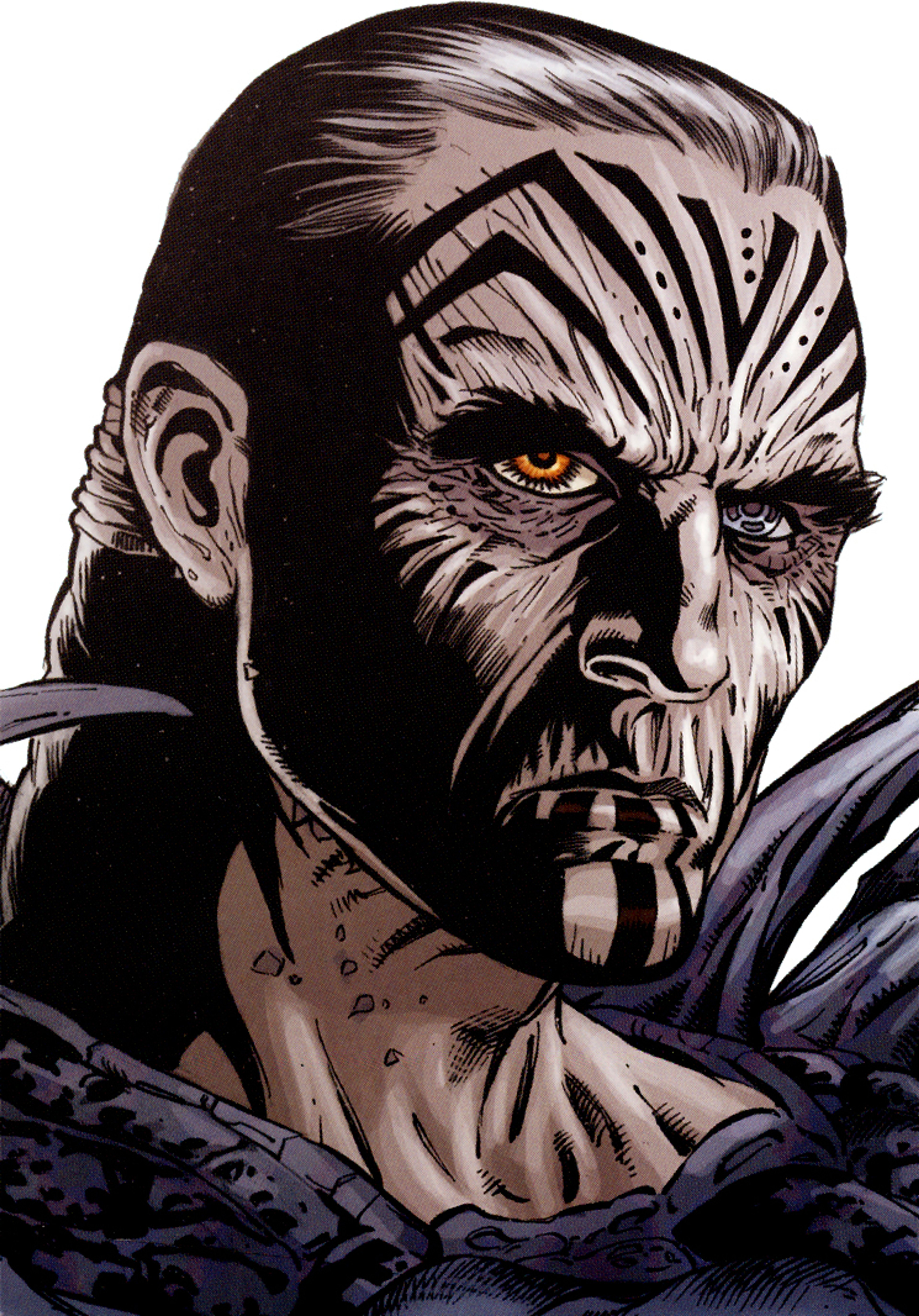A close-up portrait of a scarred, bald humanoid character with intense yellow eyes and sharp teeth.