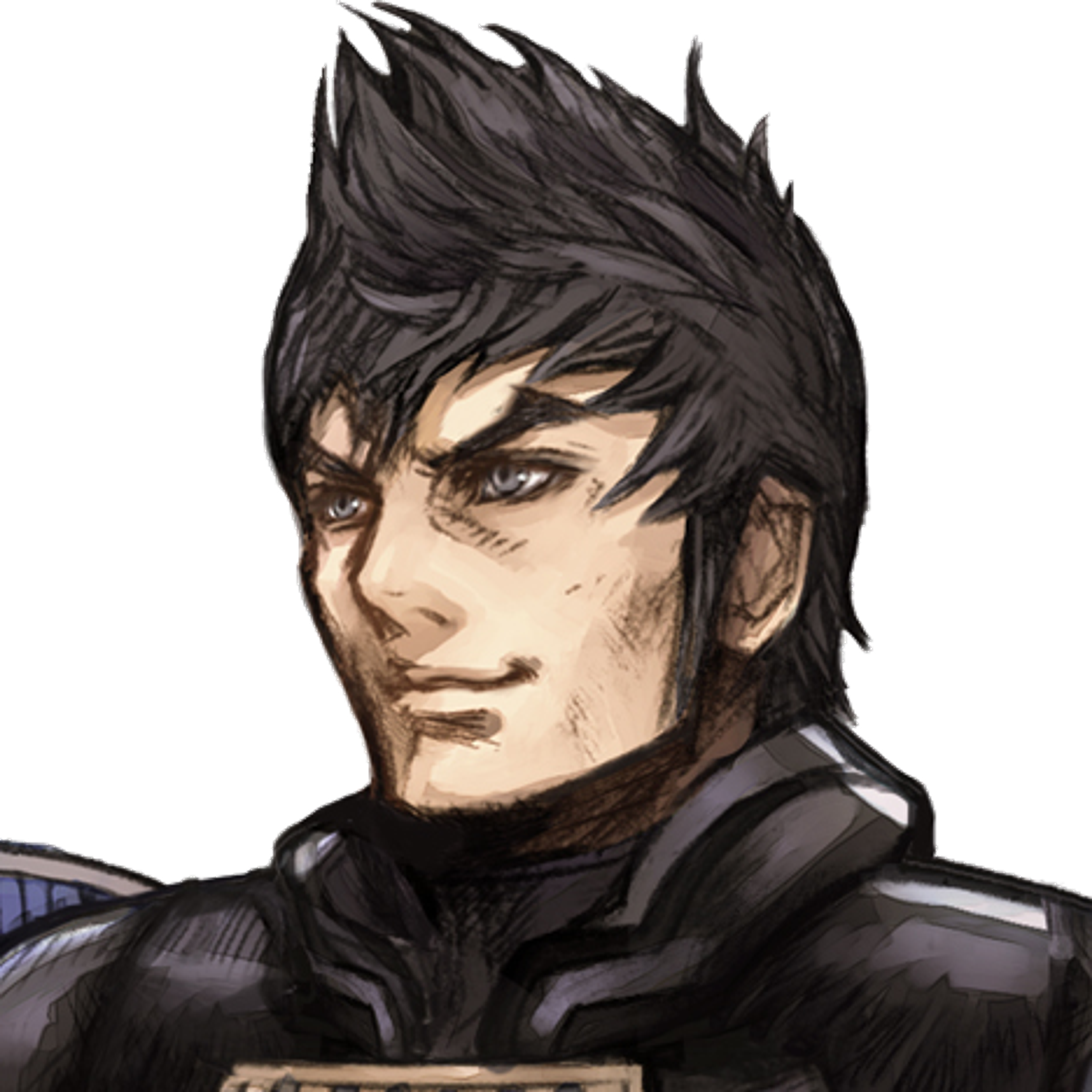 A male character with spiky black hair and a serious expression, wearing a dark outfit with armor-like elements.