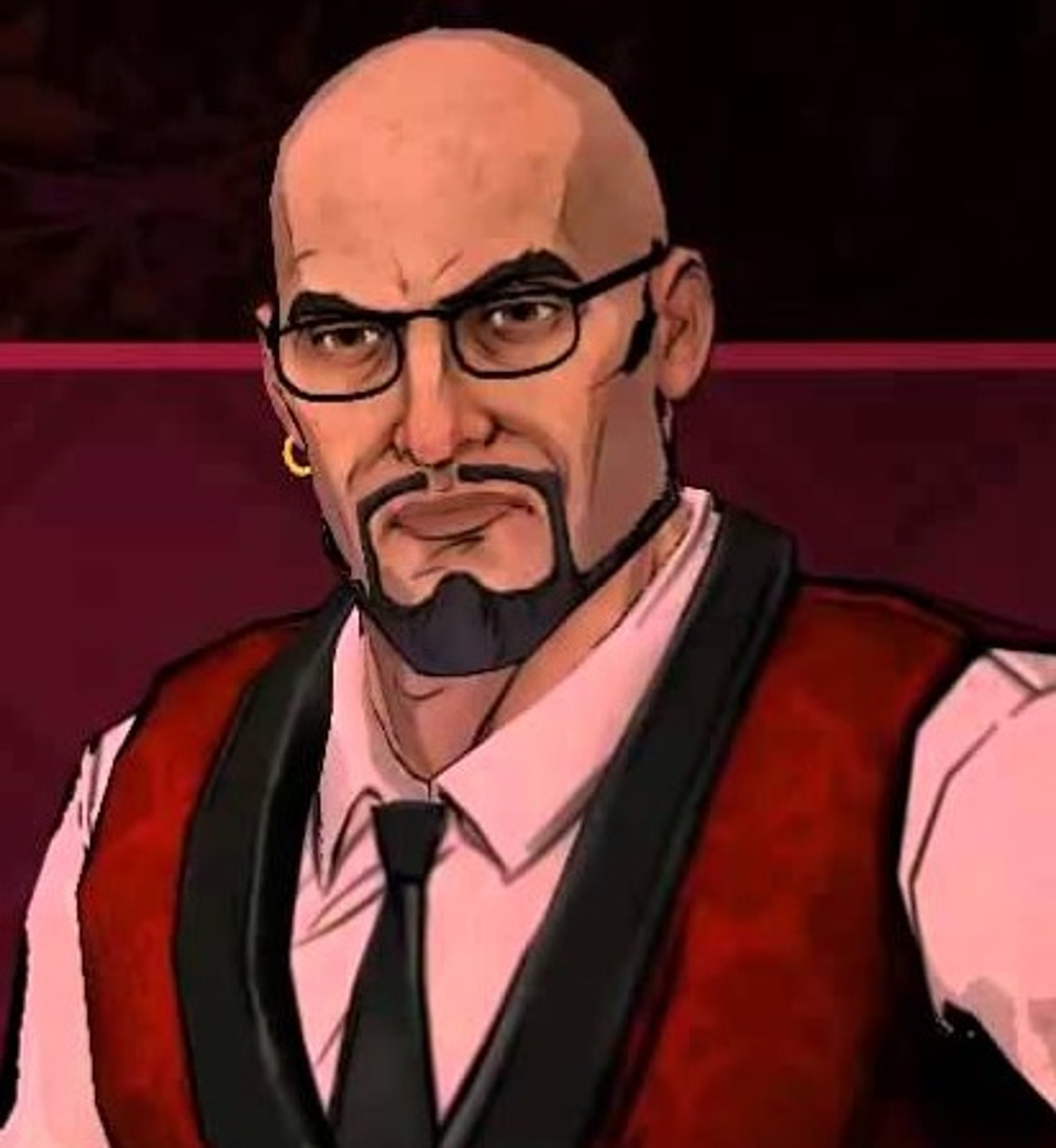 A bald, blue-bearded man in a suit