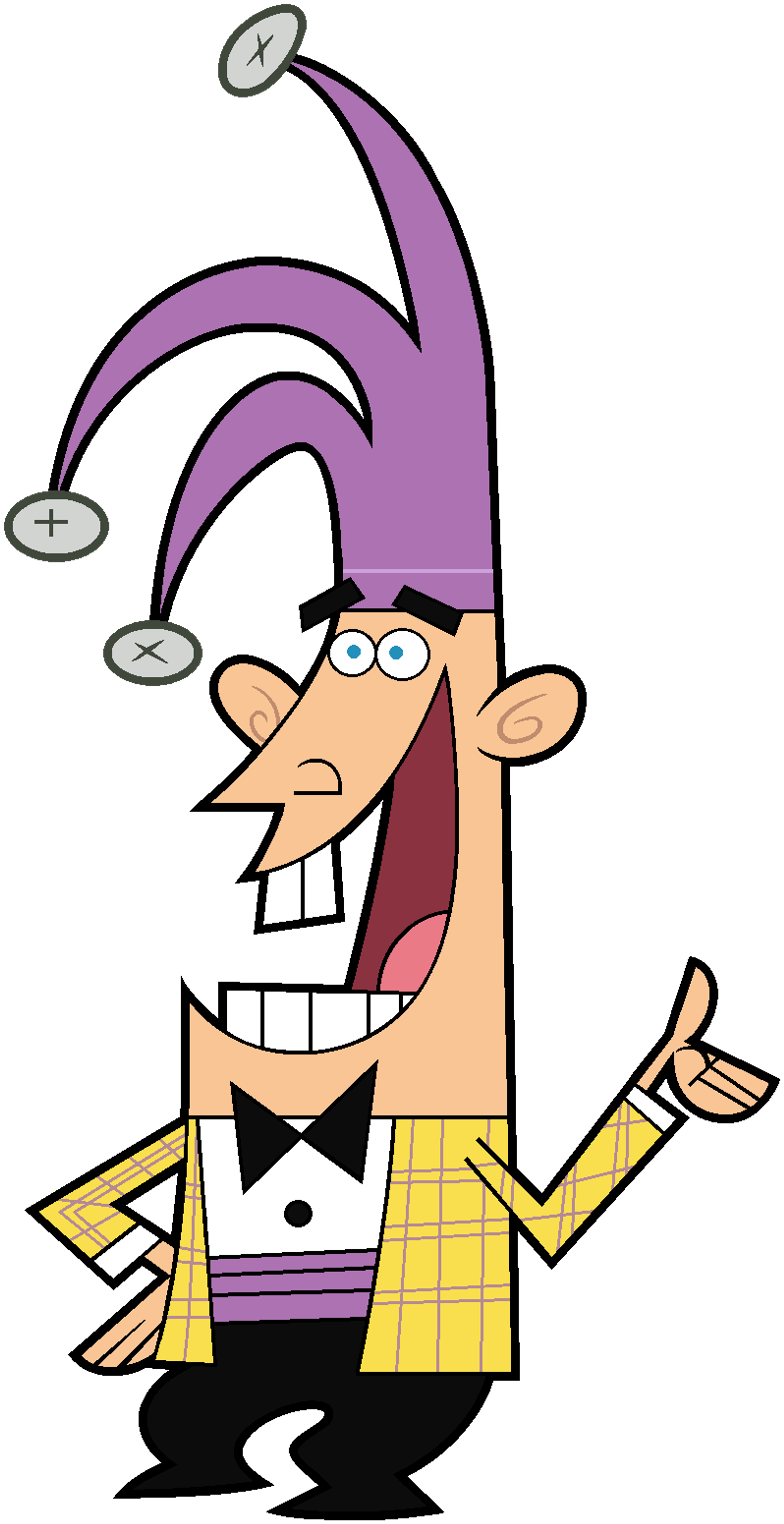 A cartoon character with a jester-like appearance, wearing a purple hat with bells, a yellow plaid jacket, and a mischievous expression.