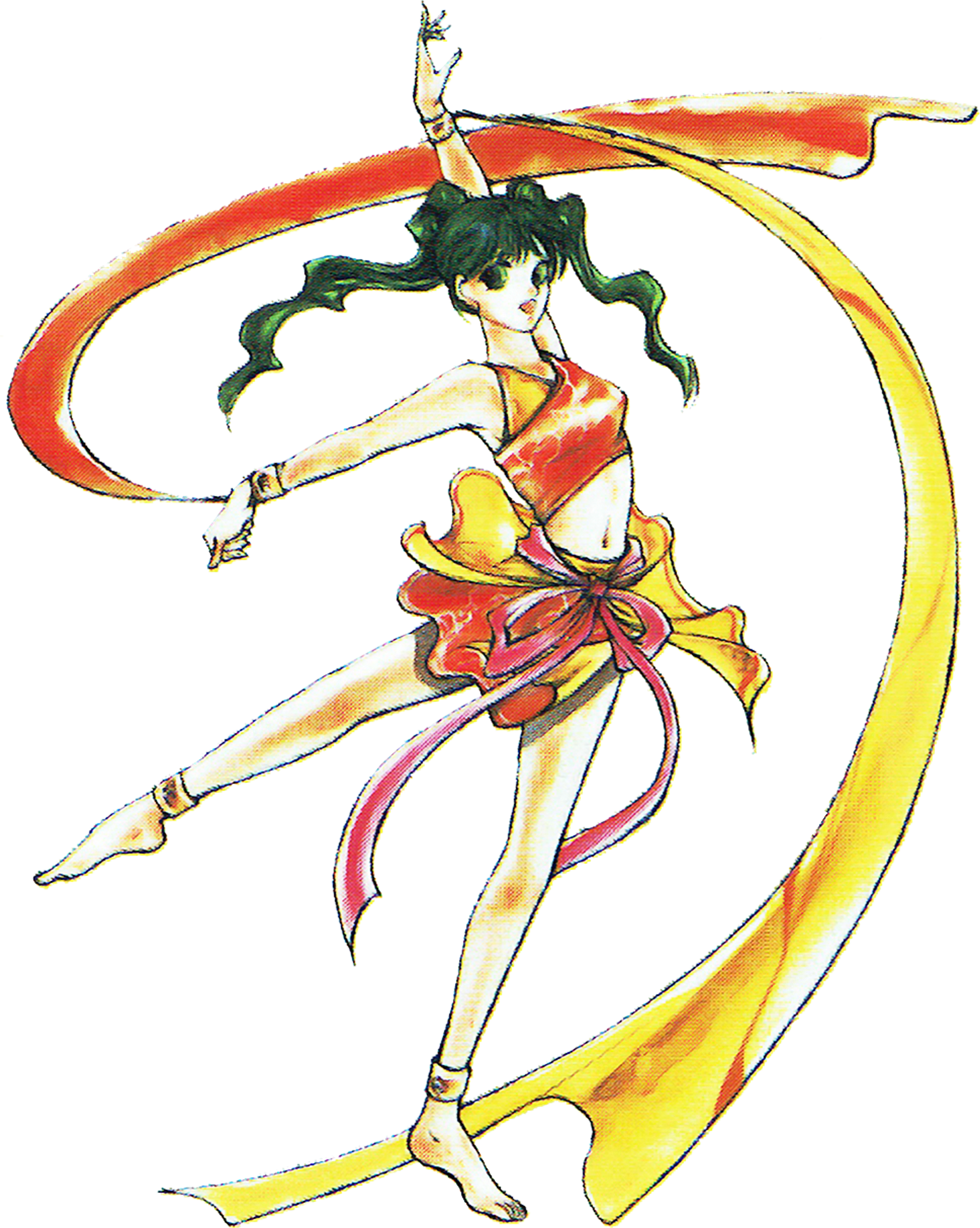 An anime-style illustration of a young female dancer with green hair and a colorful outfit.