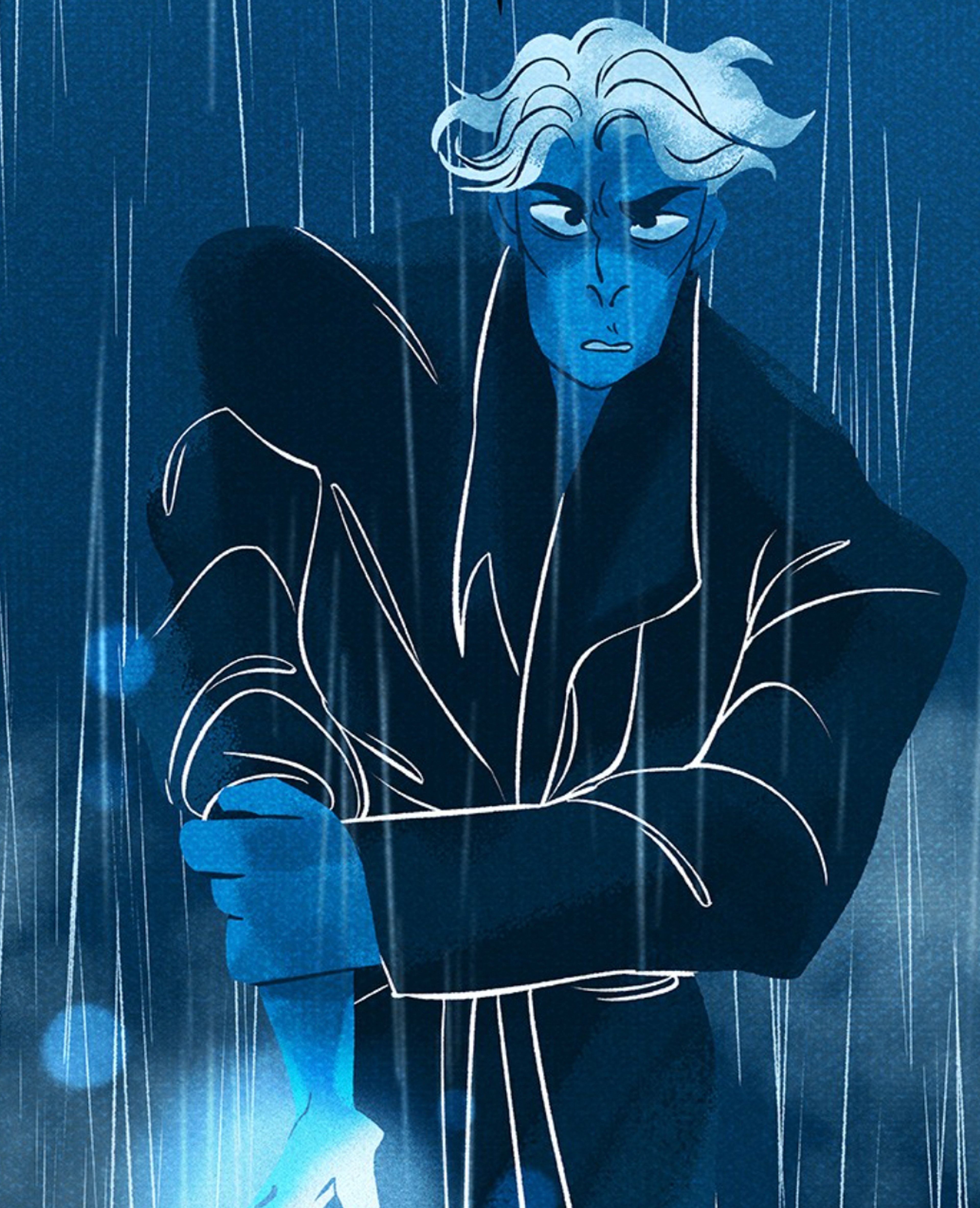 A blue-skinned, white-haired male character in a dark suit standing in the rain