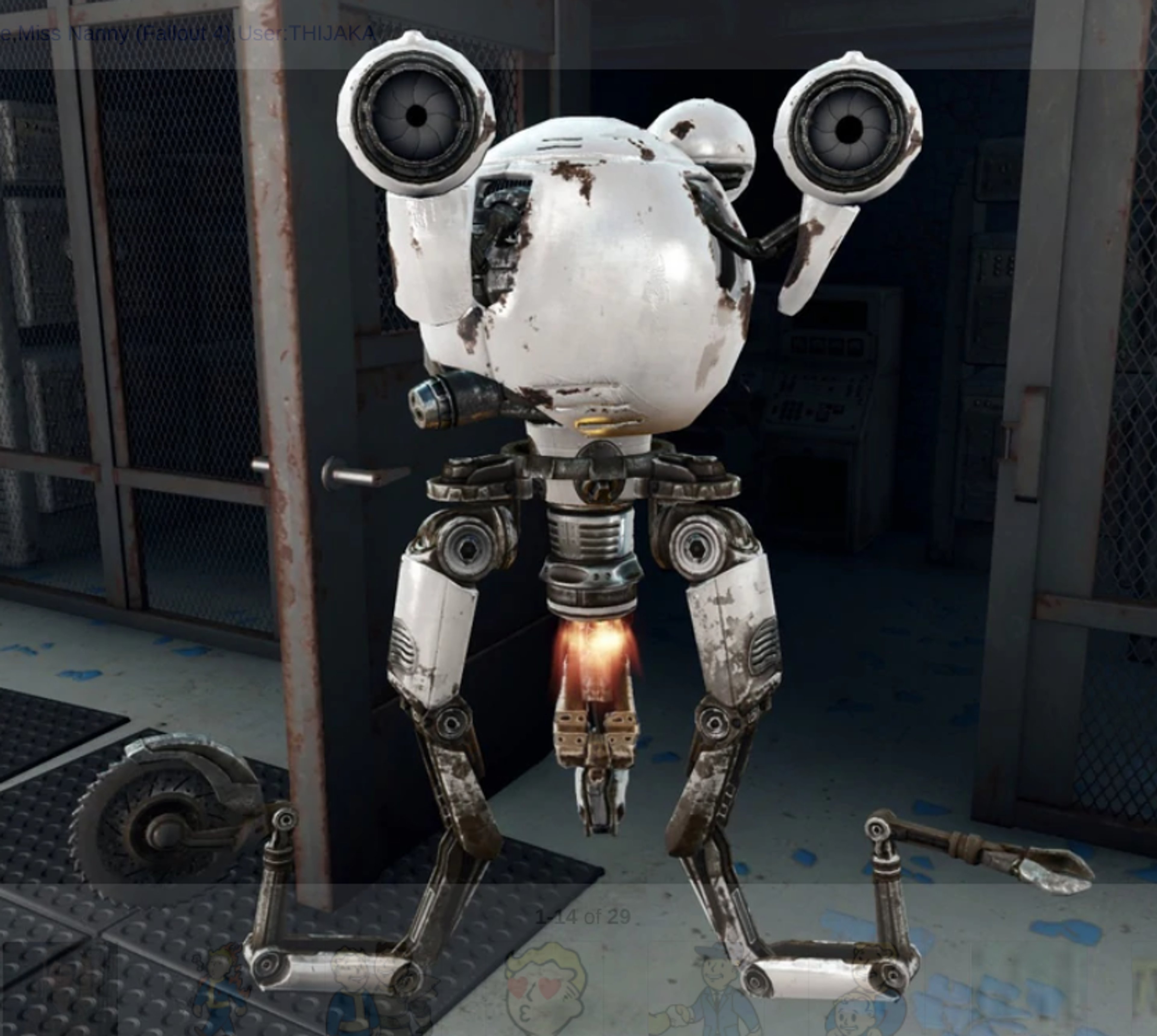 A detailed robotic character with a white, spherical head and multiple mechanical arms and legs, in a workshop or laboratory setting.