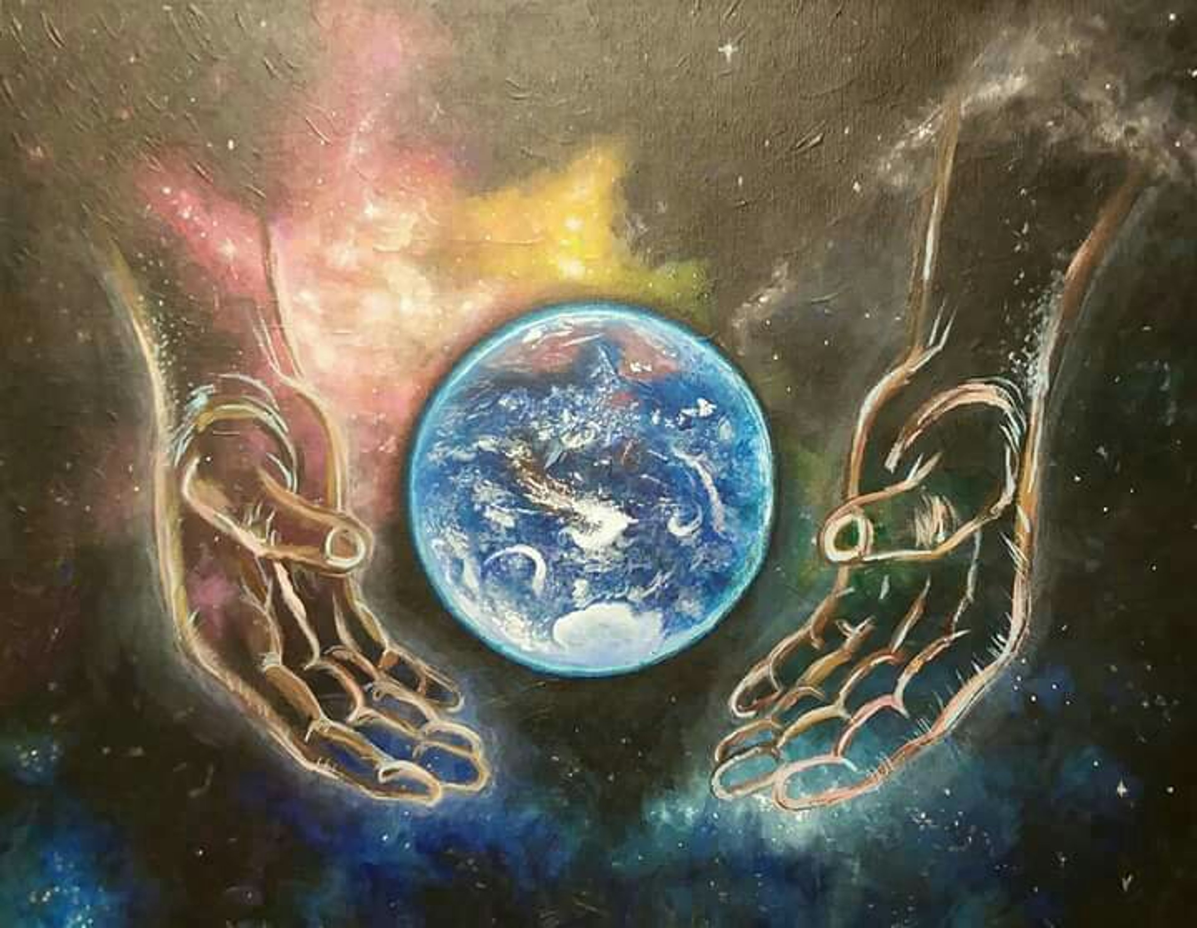 Hands cradling a glowing blue sphere representing the Earth, set against a cosmic background.