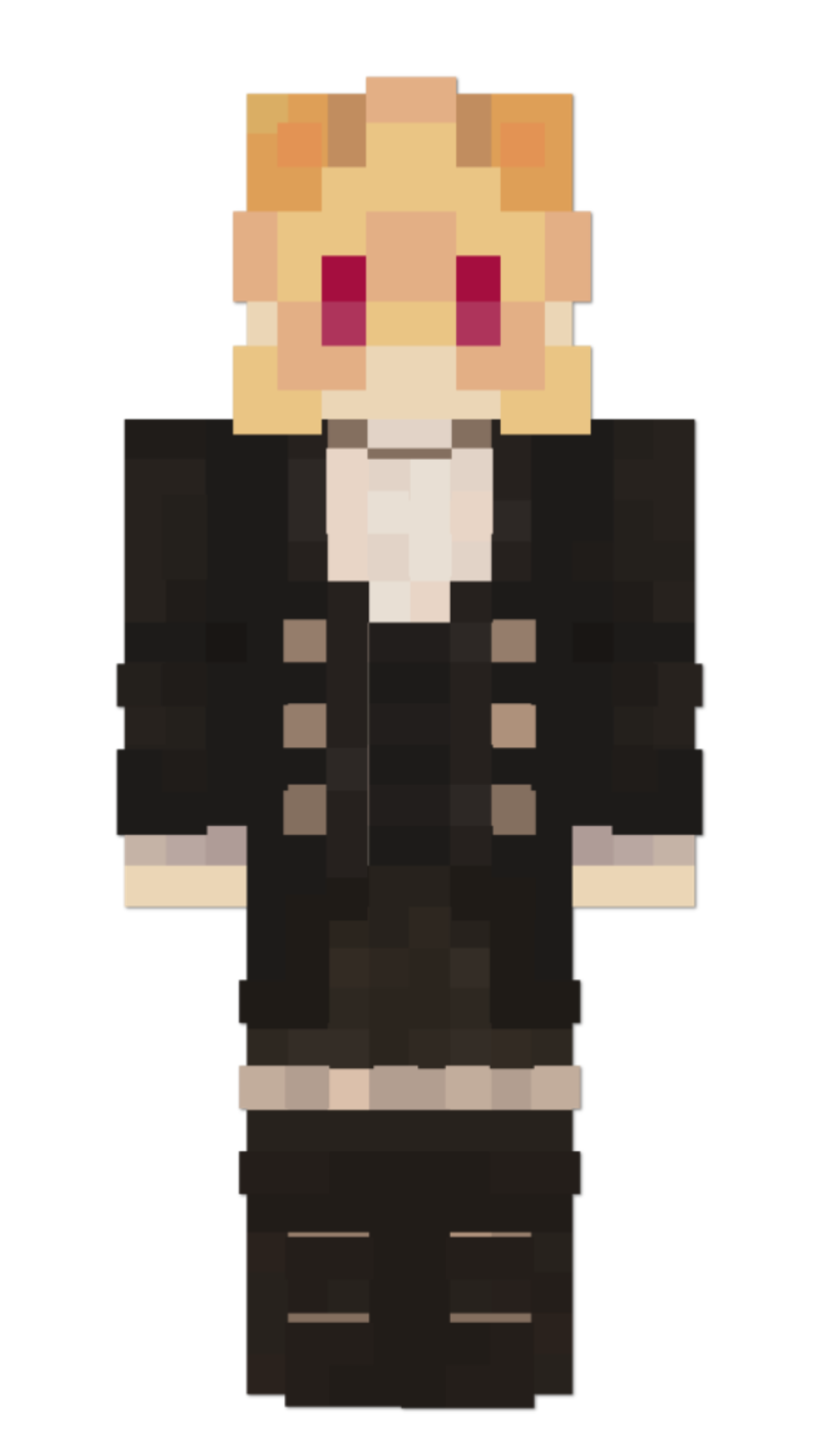A pixel art style image of a young man in a black suit and tie, with a serious expression on his face.
