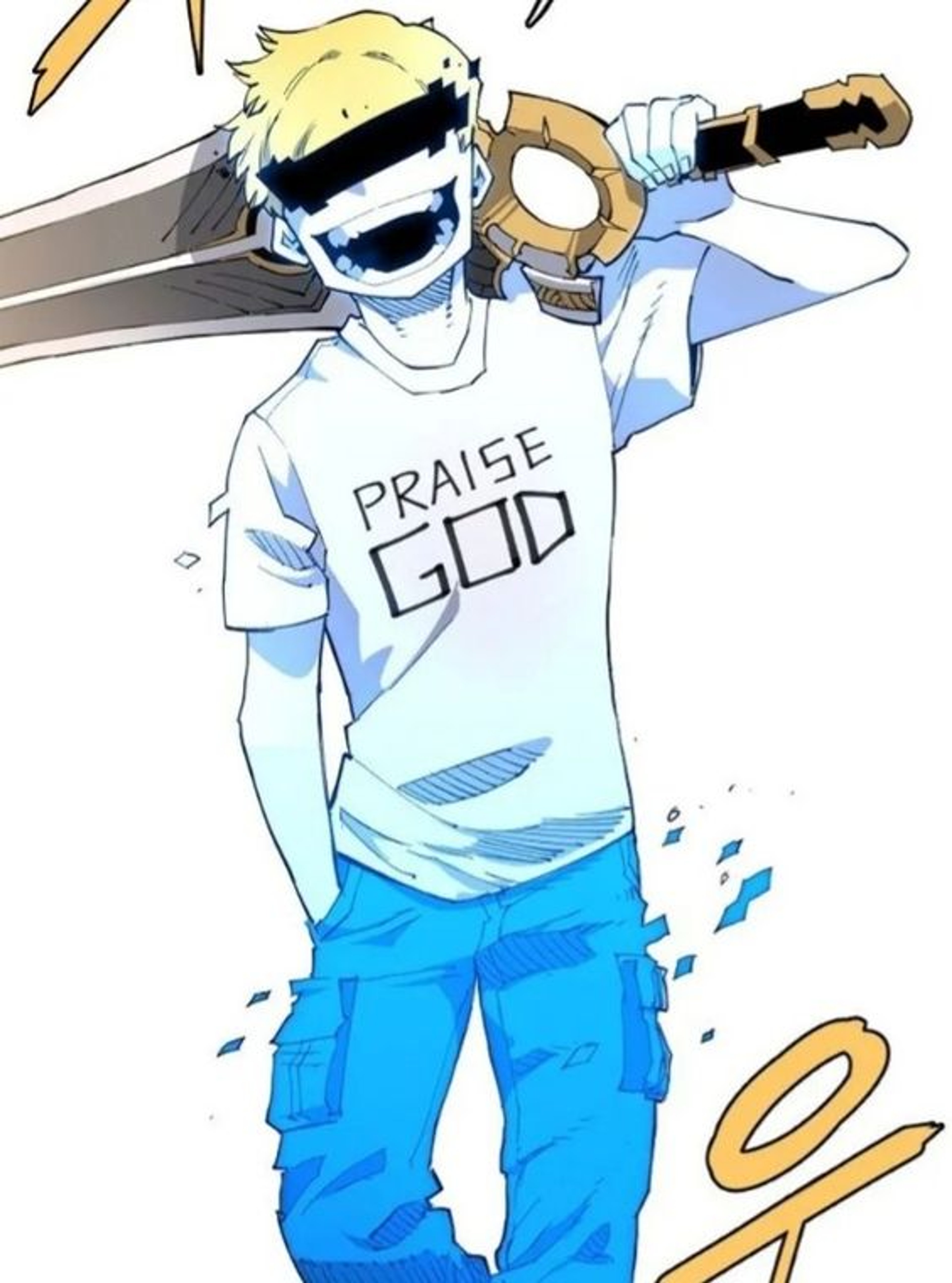 A character with white skin, blonde hair, and a black rectangle covering their eyes, wearing a white t-shirt with 'Praise GOD' written on it.