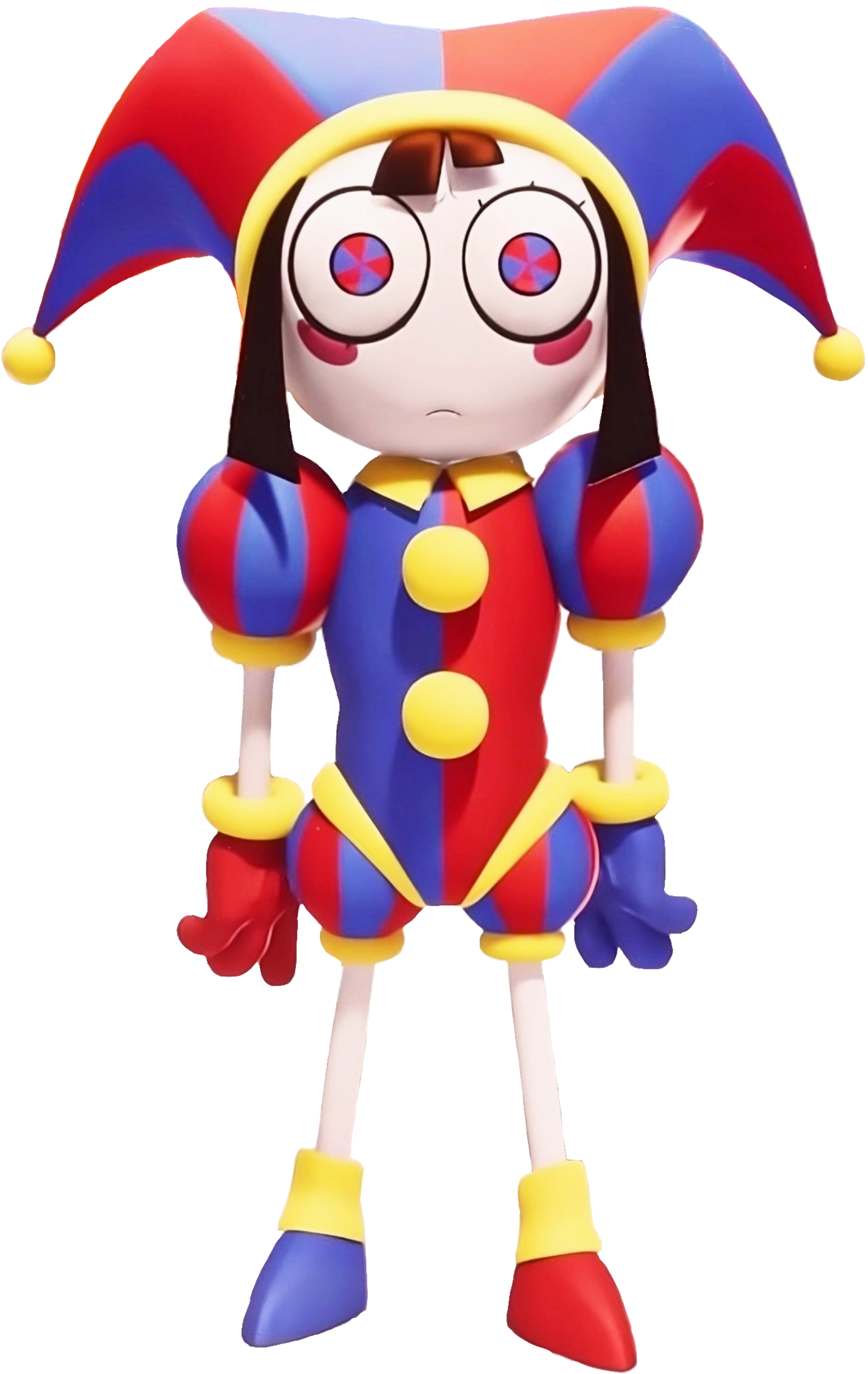 A cartoon jester character with a large head, big eyes, and a wide grin, wearing a colorful costume.