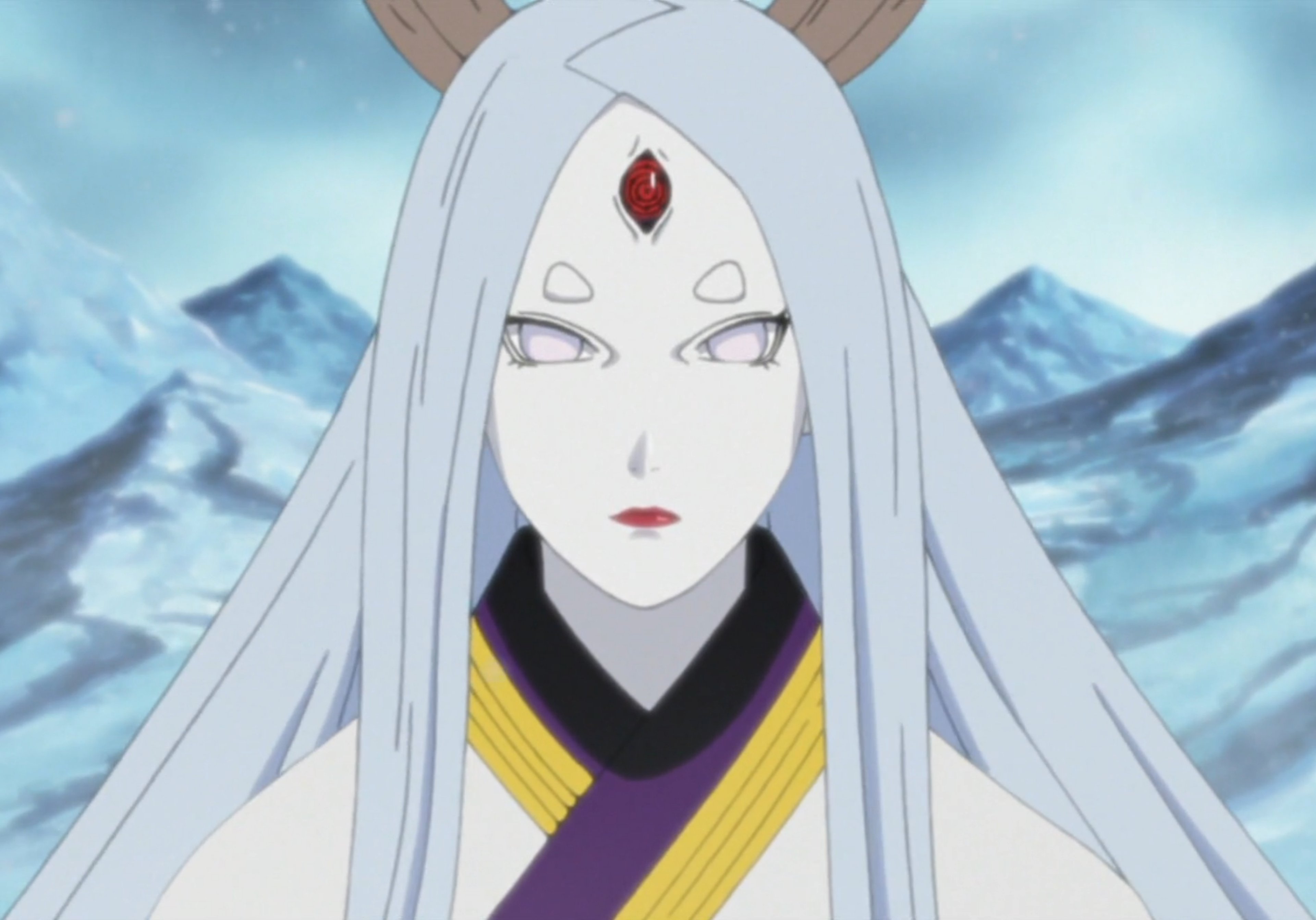 A powerful, ancient being with white hair and a third eye on her forehead