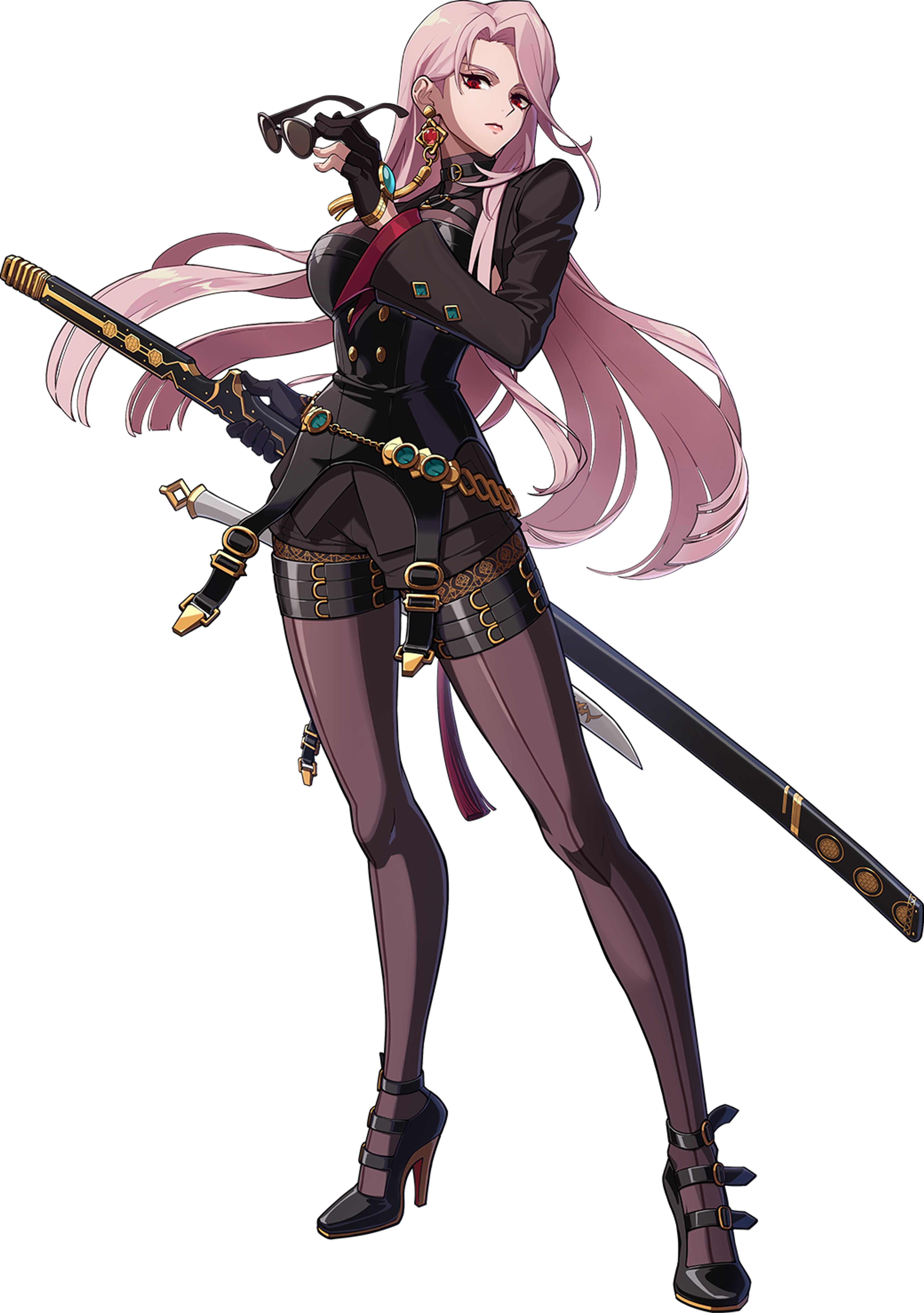 A female character with pink hair wielding a sword in a fighting stance