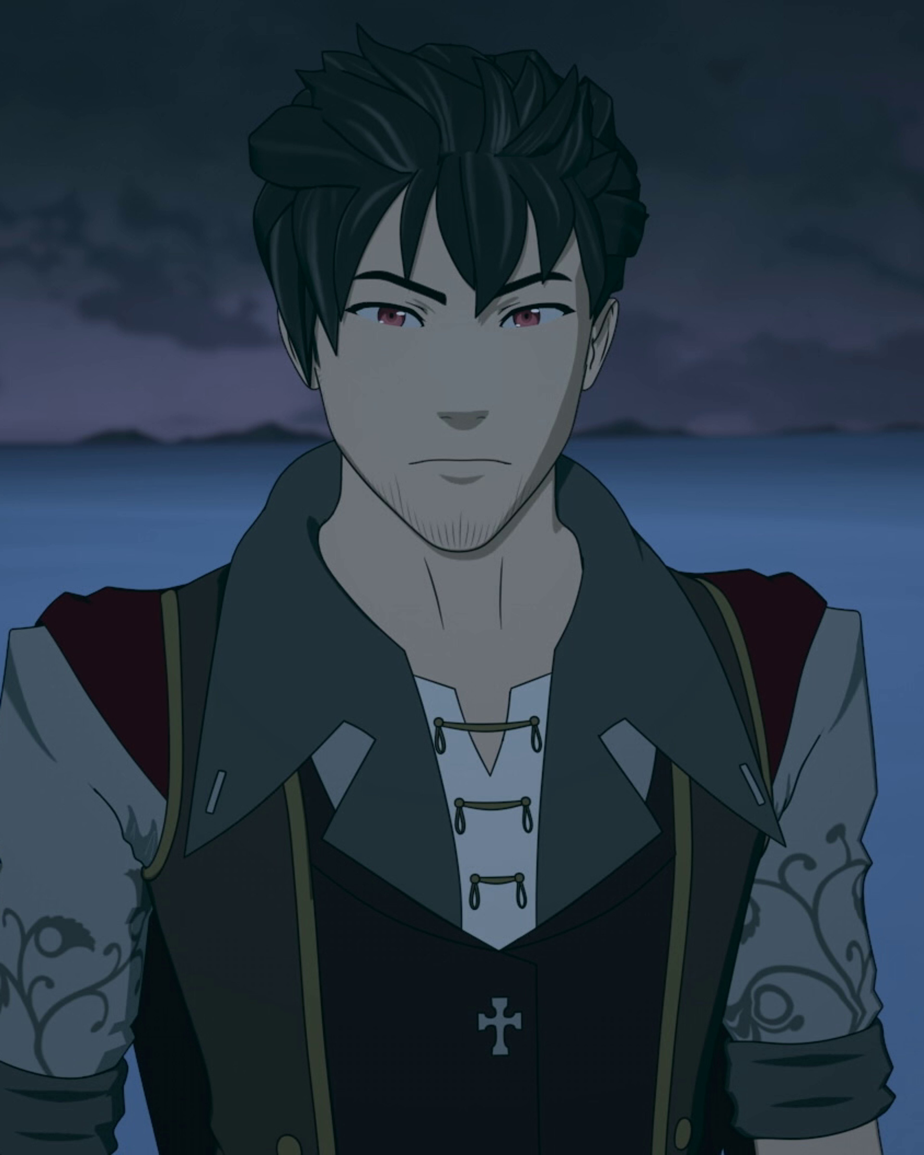 A man with graying black hair, red eyes, and a tattered red cape