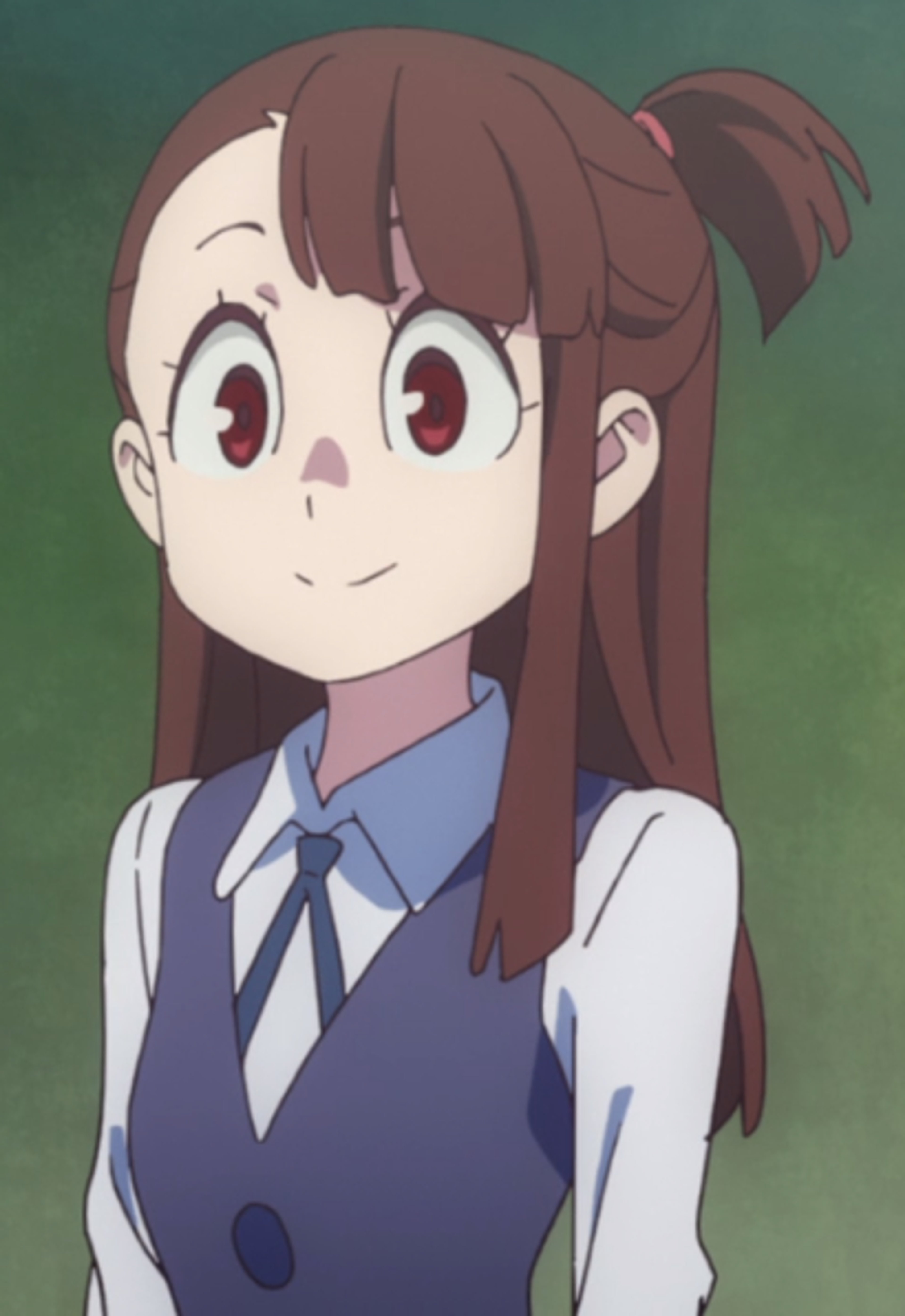 An anime-style girl with long brown hair in a ponytail, wearing a blue school uniform and smiling cheerfully.