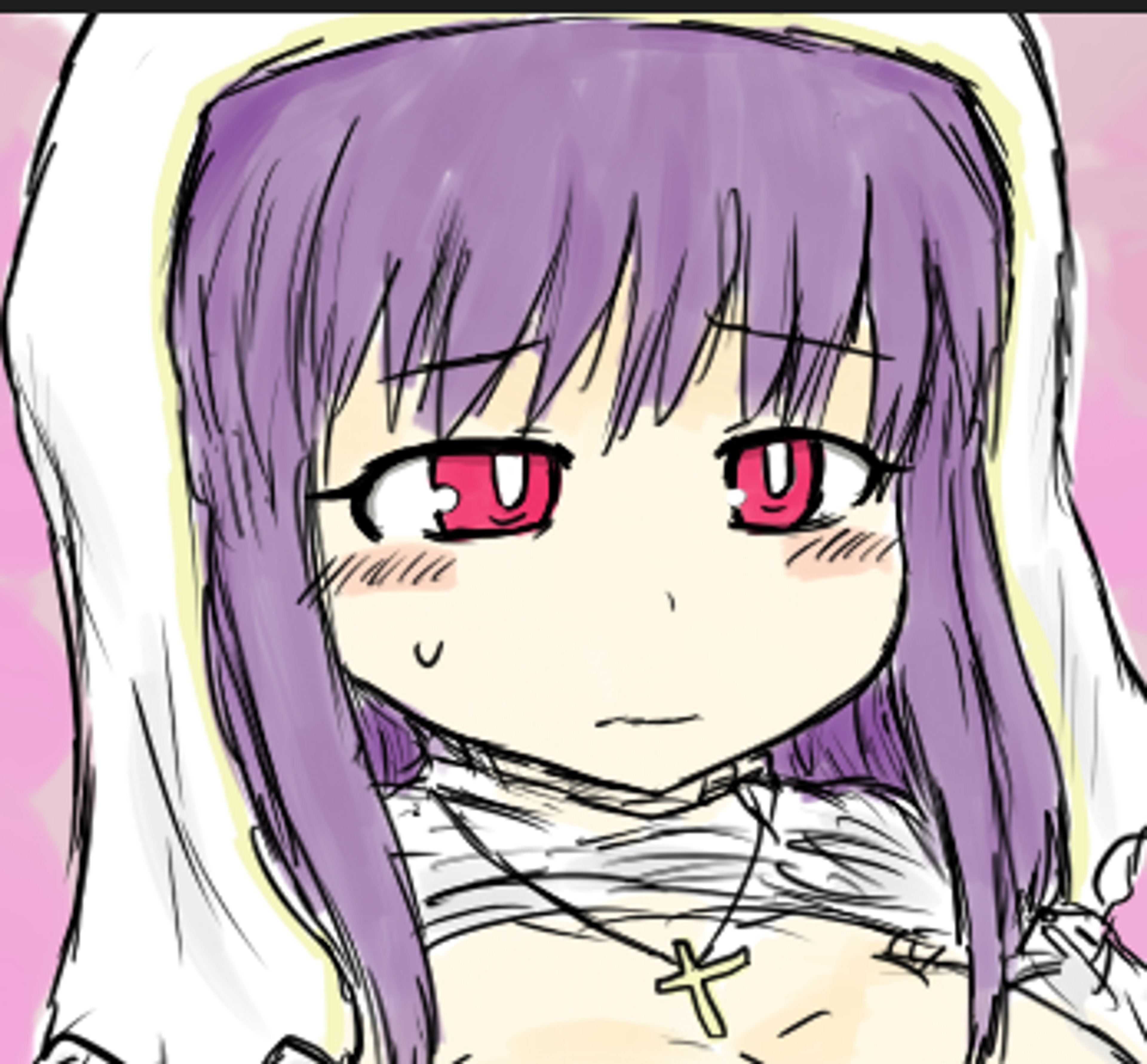 A young woman with violet hair and red eyes wearing white religious robes