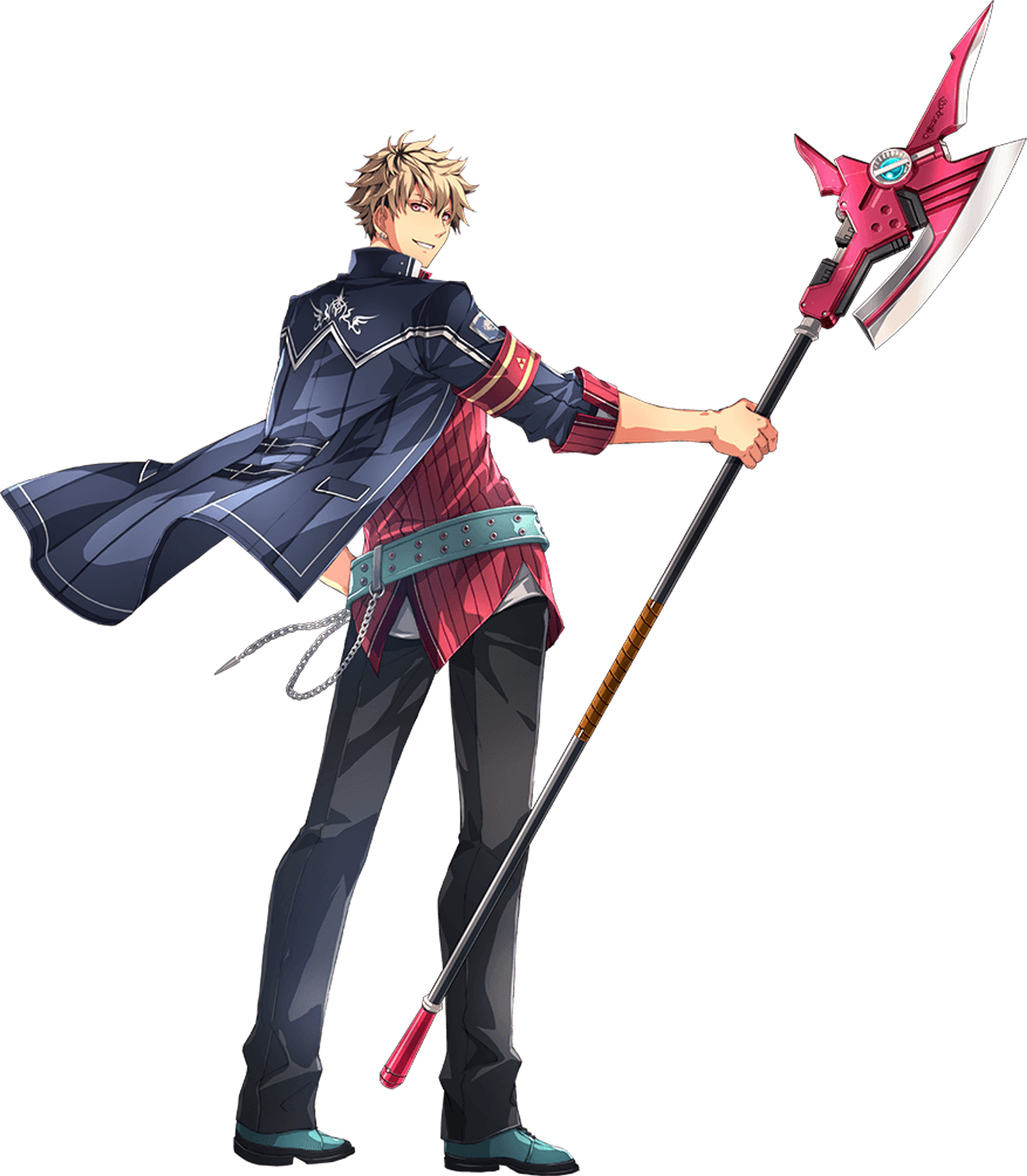 A young man with dirty blonde hair and crimson eyes holding a large red weapon