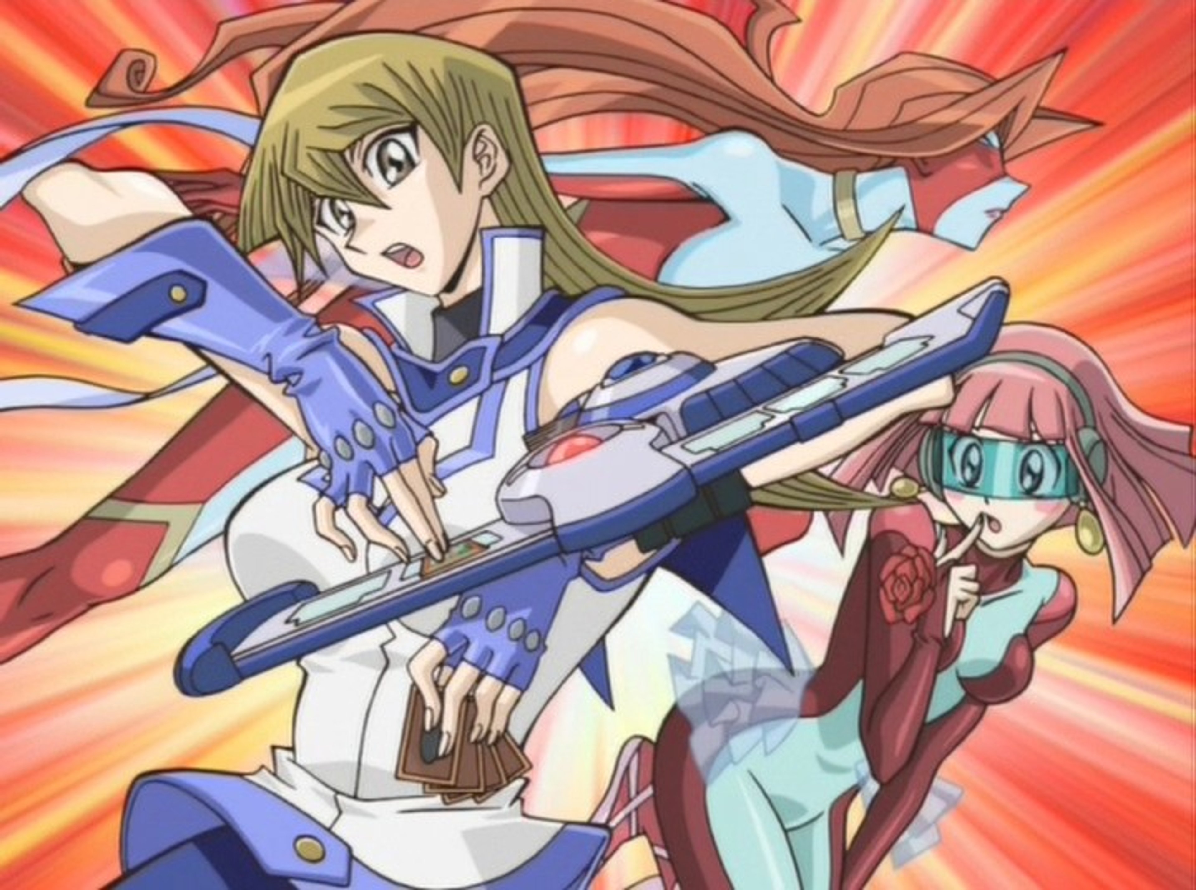 A young woman in an anime-style outfit holding a duel disk, indicating she is a skilled duelist.