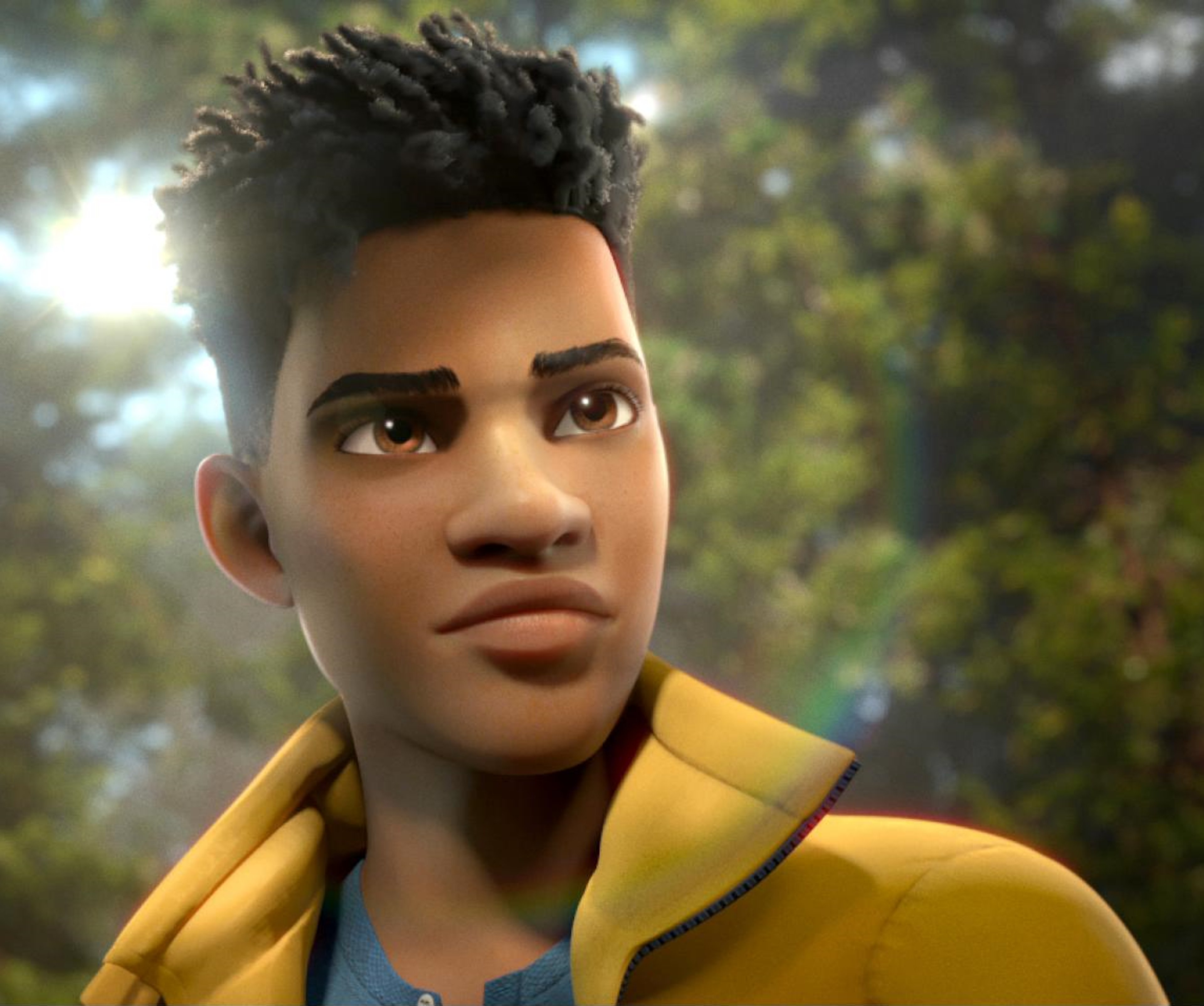 A young man with short dark hair wearing a yellow jacket in an outdoor setting