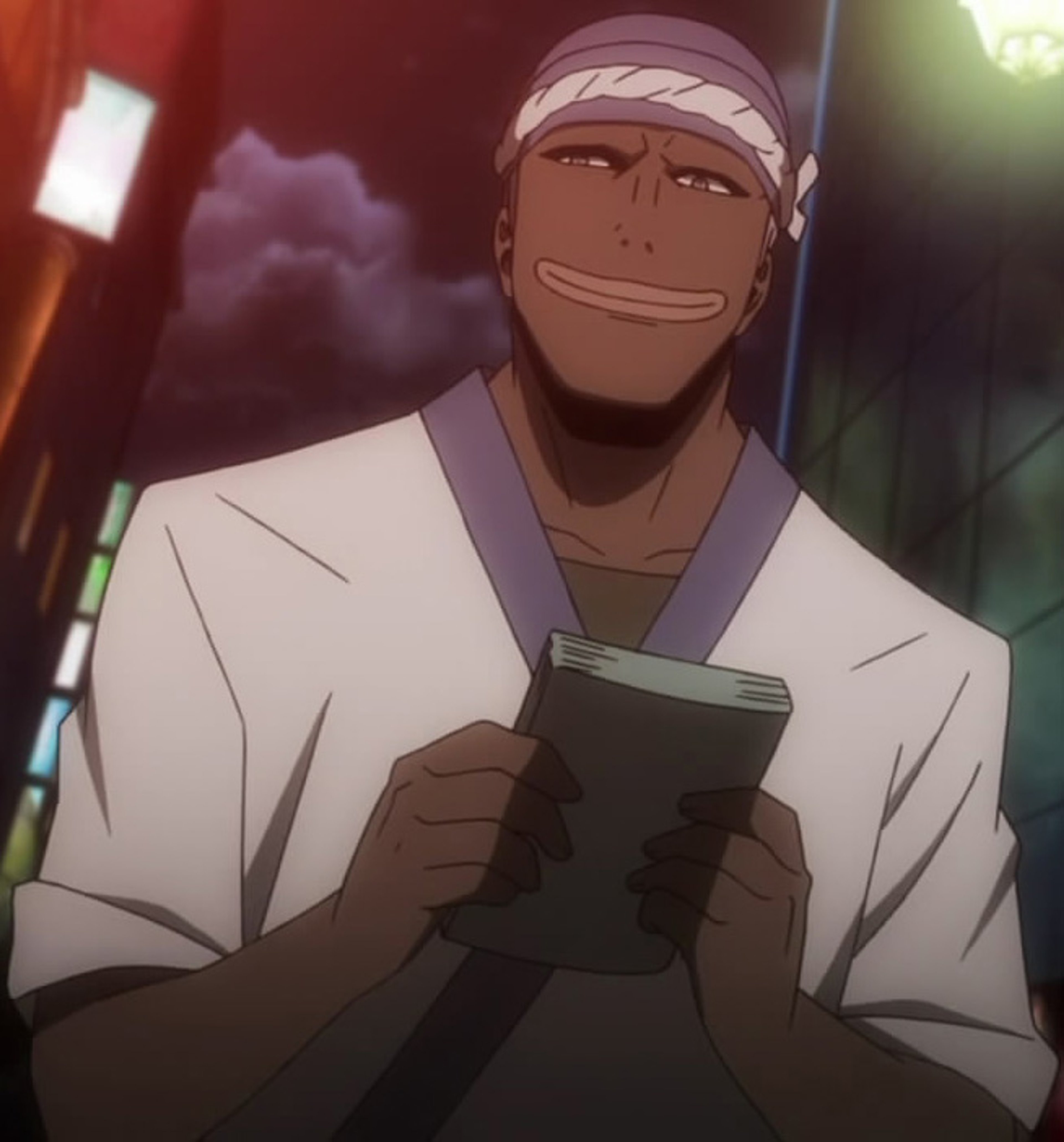 A tall, muscular Russian man in a chef's uniform holding a sushi menu or flyer