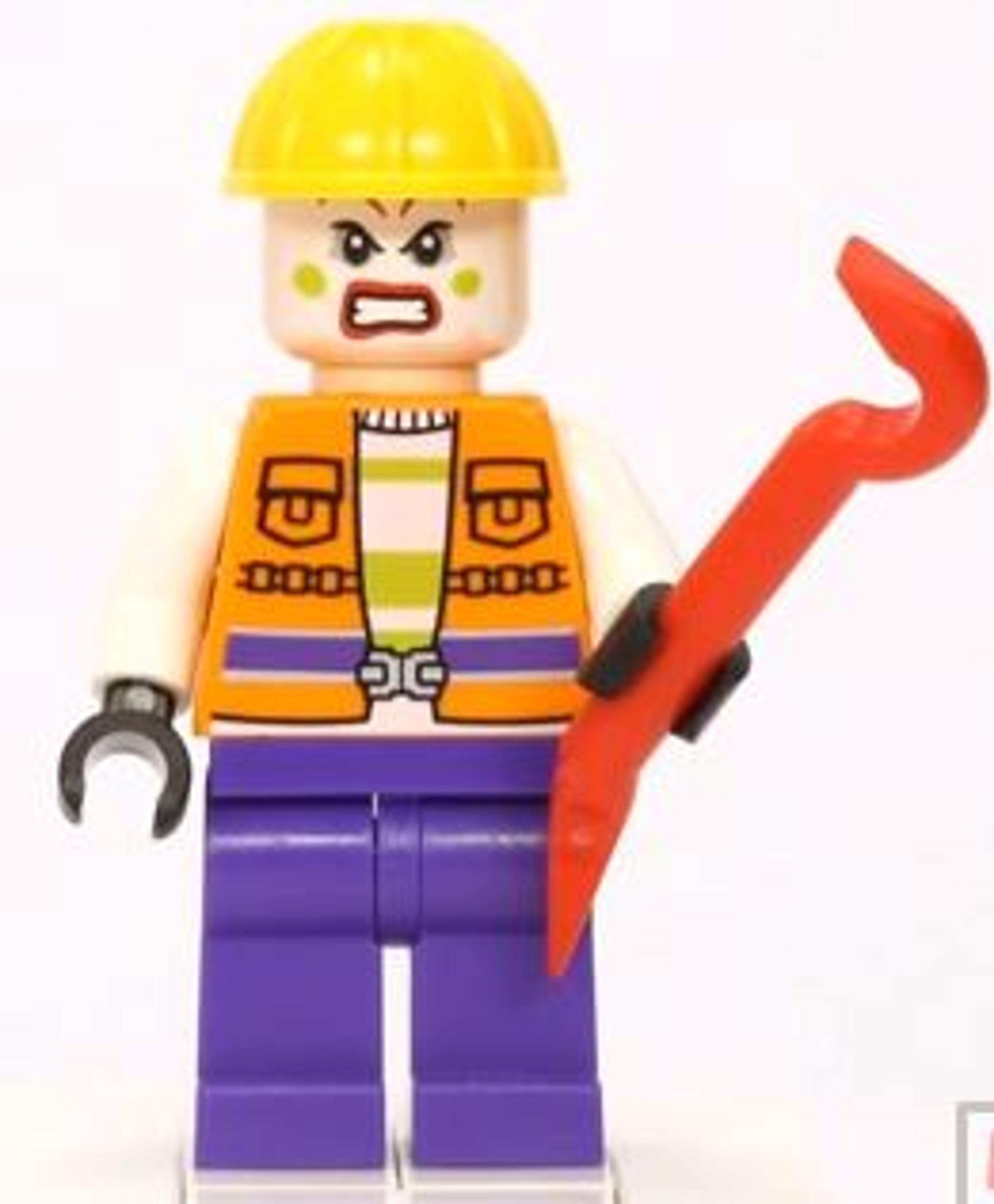 A LEGO minifigure of an angry construction worker character