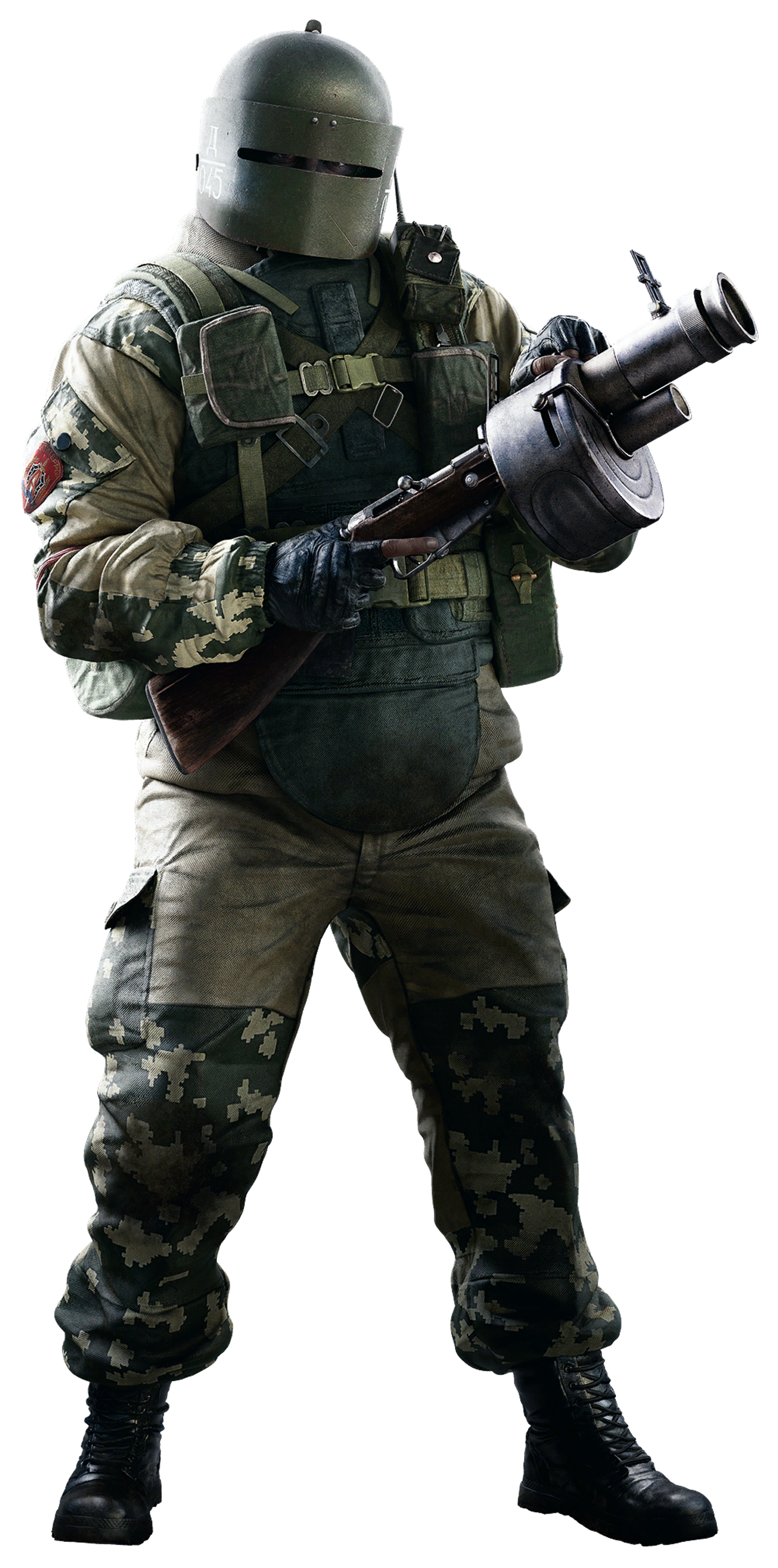 A heavily armed and armored military operator holding a large machine gun