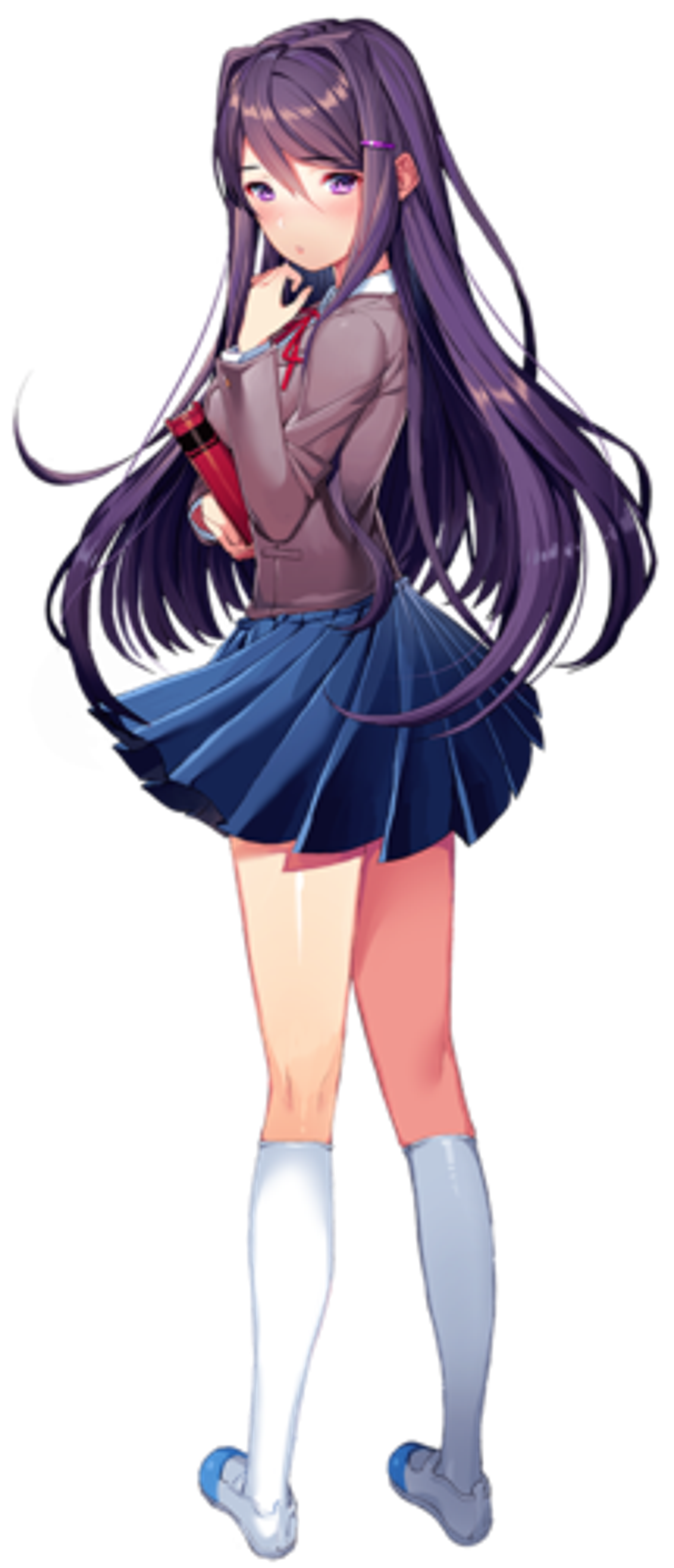 A young woman with long purple hair wearing a school uniform