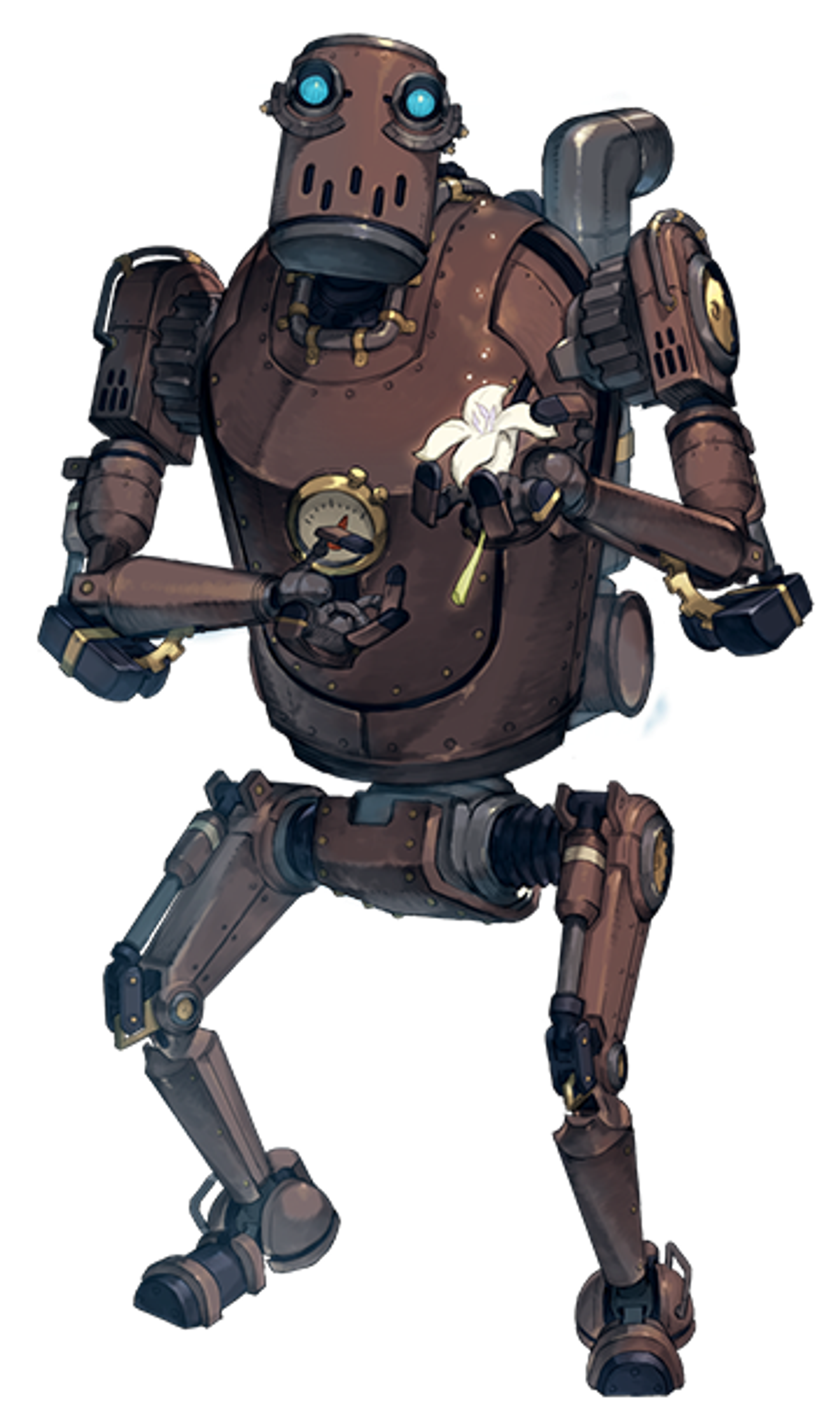 A detailed robotic character with a cylindrical head and humanoid body, leading a village of peaceful machines.