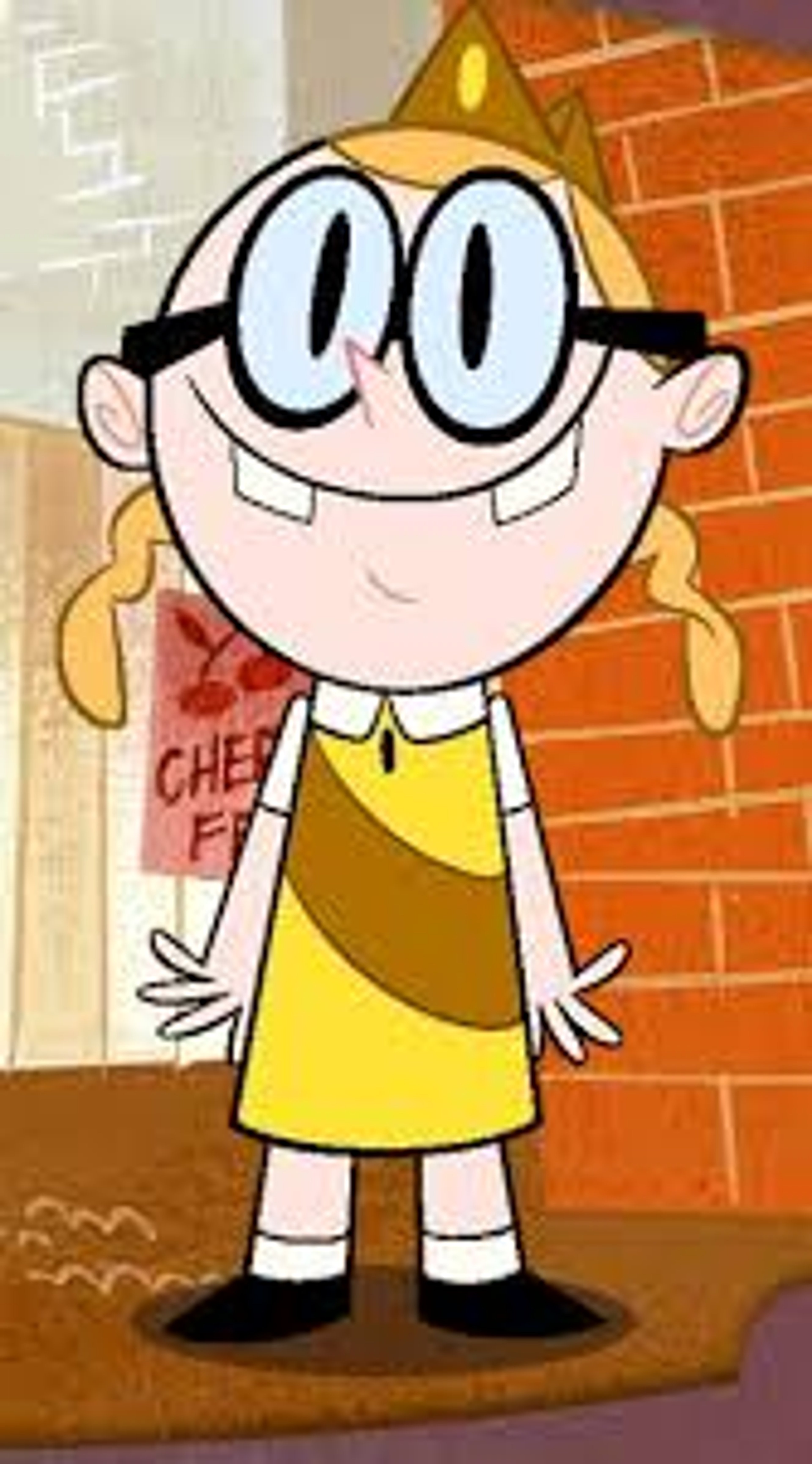 An animated character named Bessie Higgenbottom, a young Honeybee scout with glasses, a gap in her teeth, and blonde hair in buns.