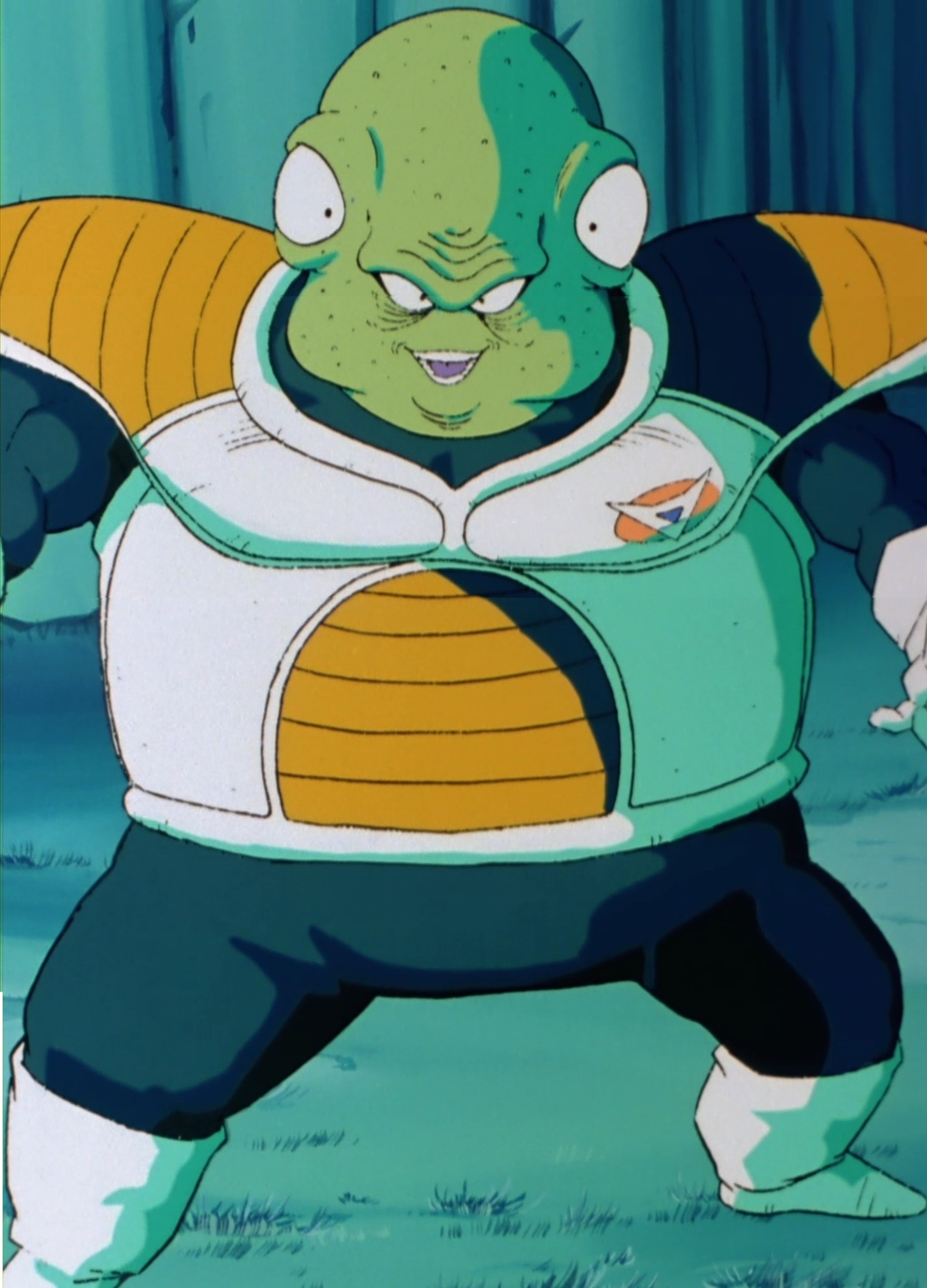 A short, green alien character with four eyes and a round body, wearing a white and black outfit.