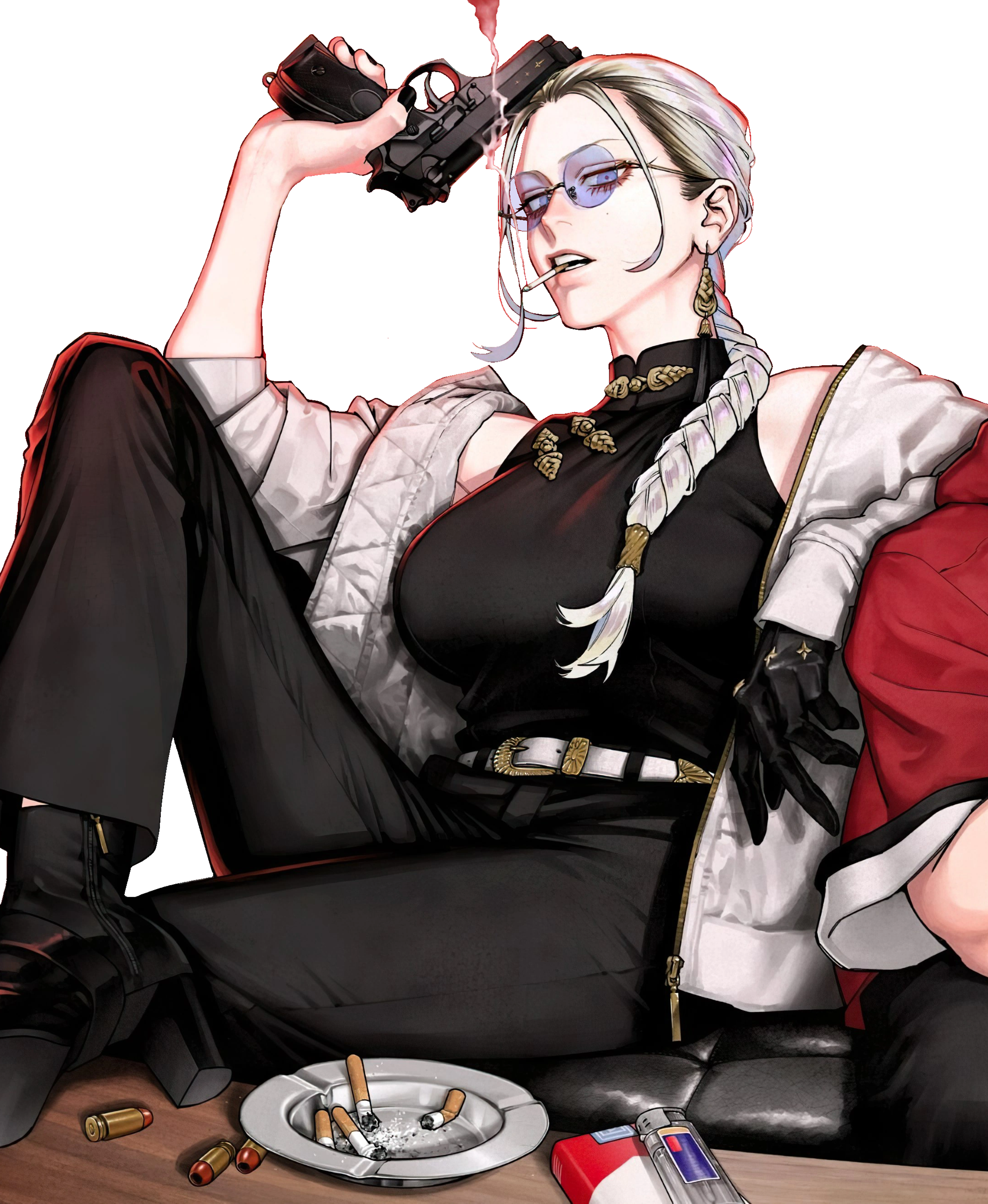 A composed, intimidating woman with platinum blonde hair and a prosthetic left arm