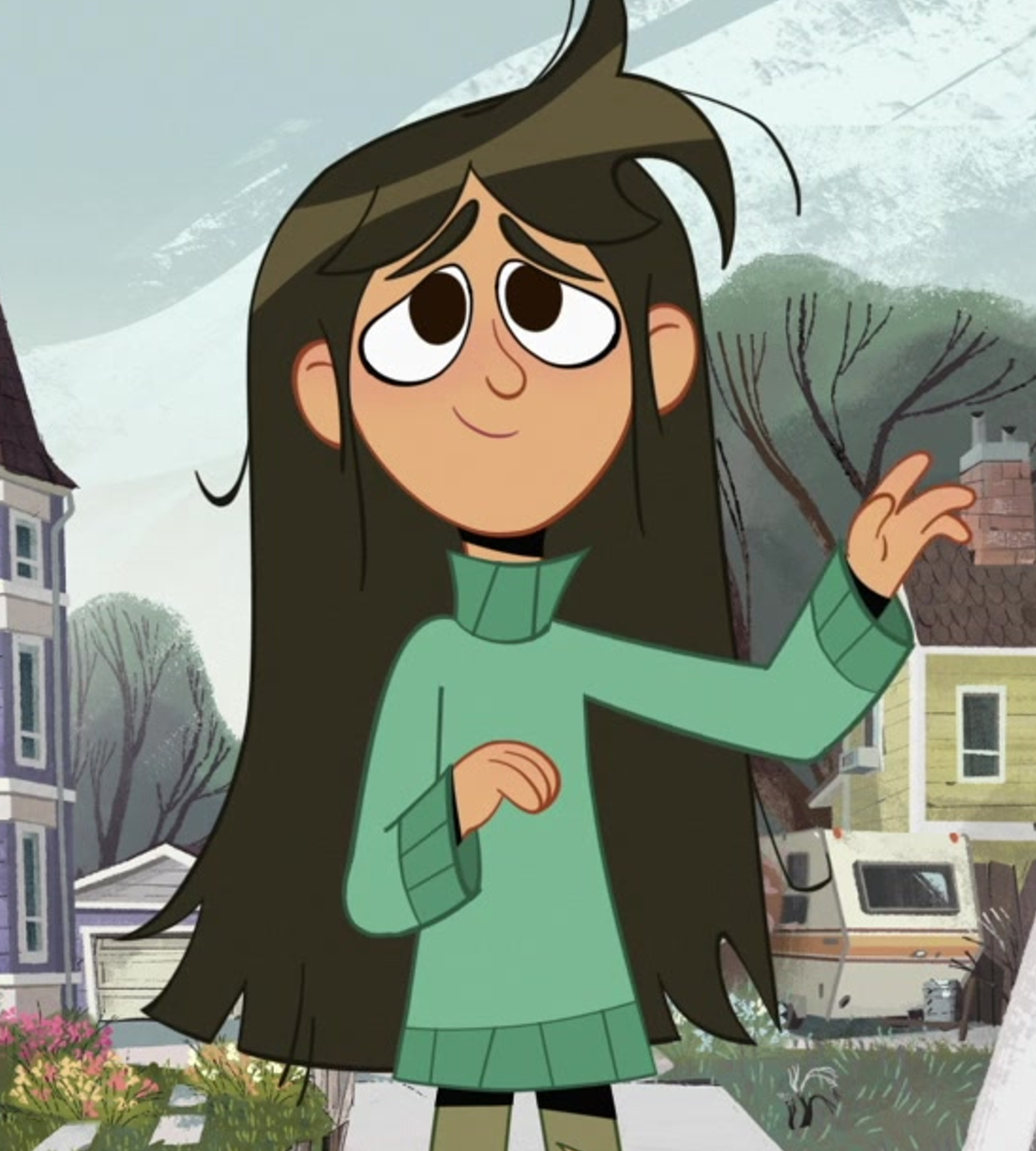 A young teenage girl with long olive-brown hair and dark brown eyes, wearing a mint-green turtleneck sweater and olive-green pants.