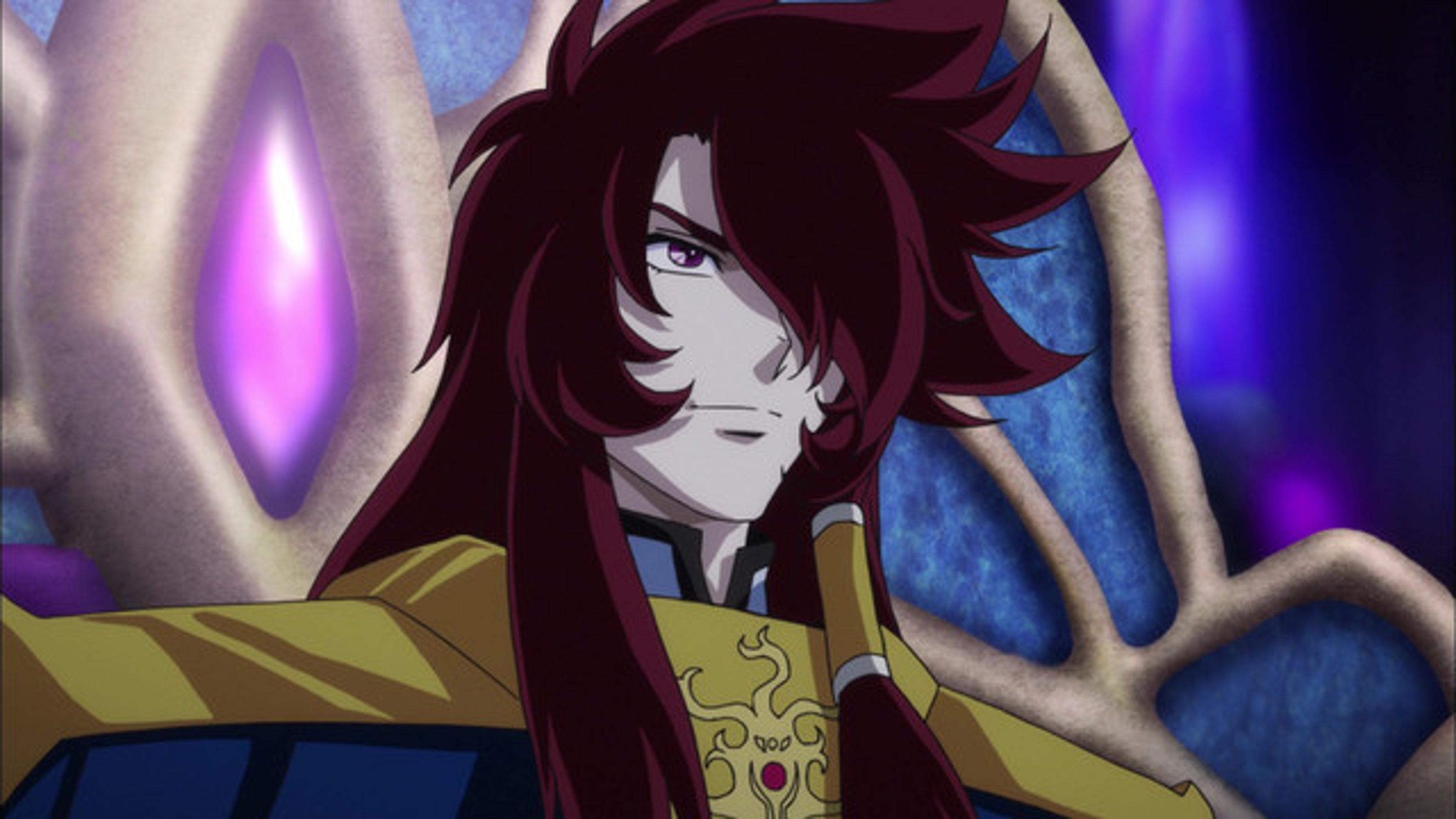 A tall, imposing male character with long red hair, wearing white robes and gold shoulder guards with a blue cape.