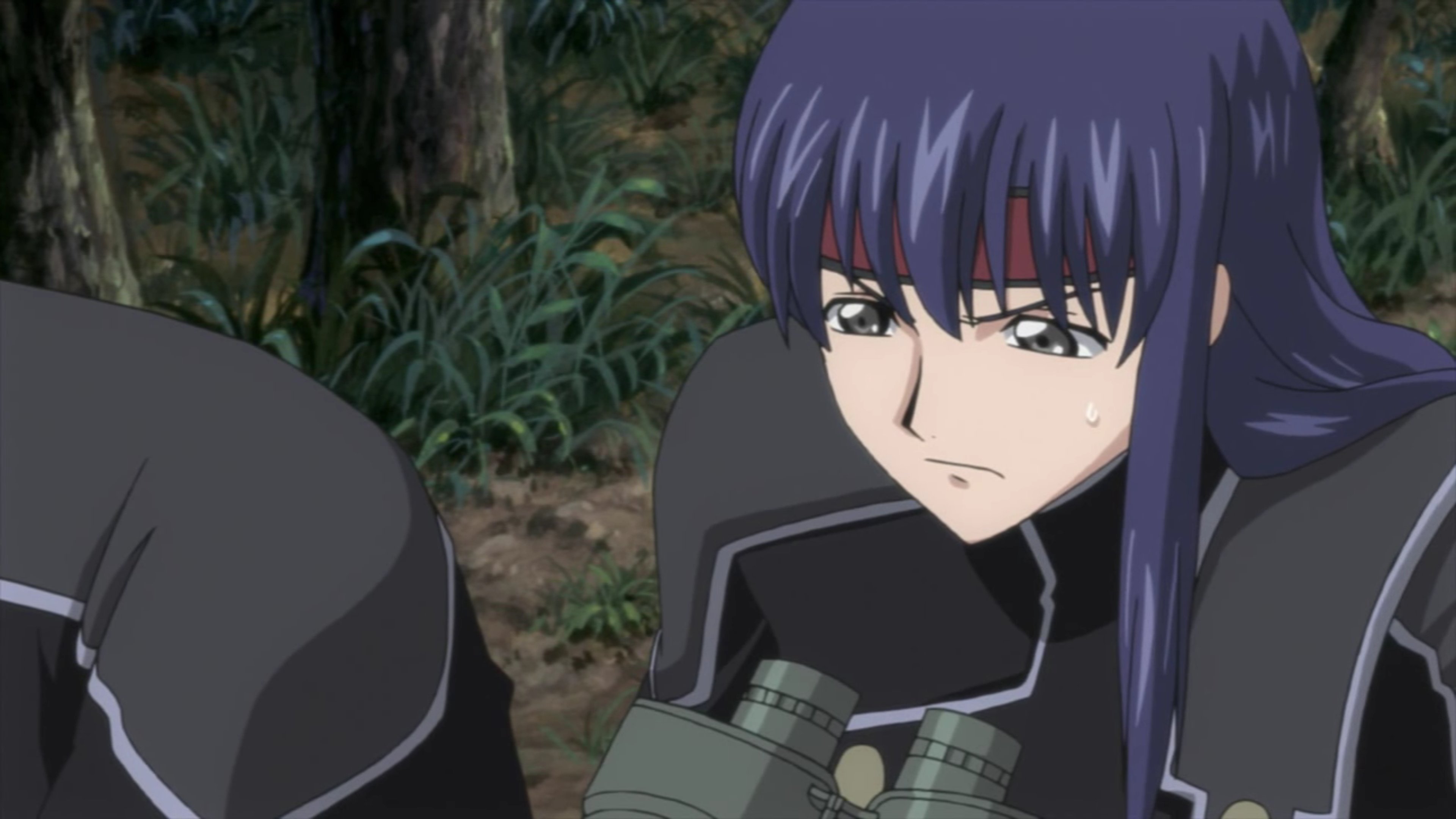 A young woman in a black military uniform with a red headband, looking serious and determined.