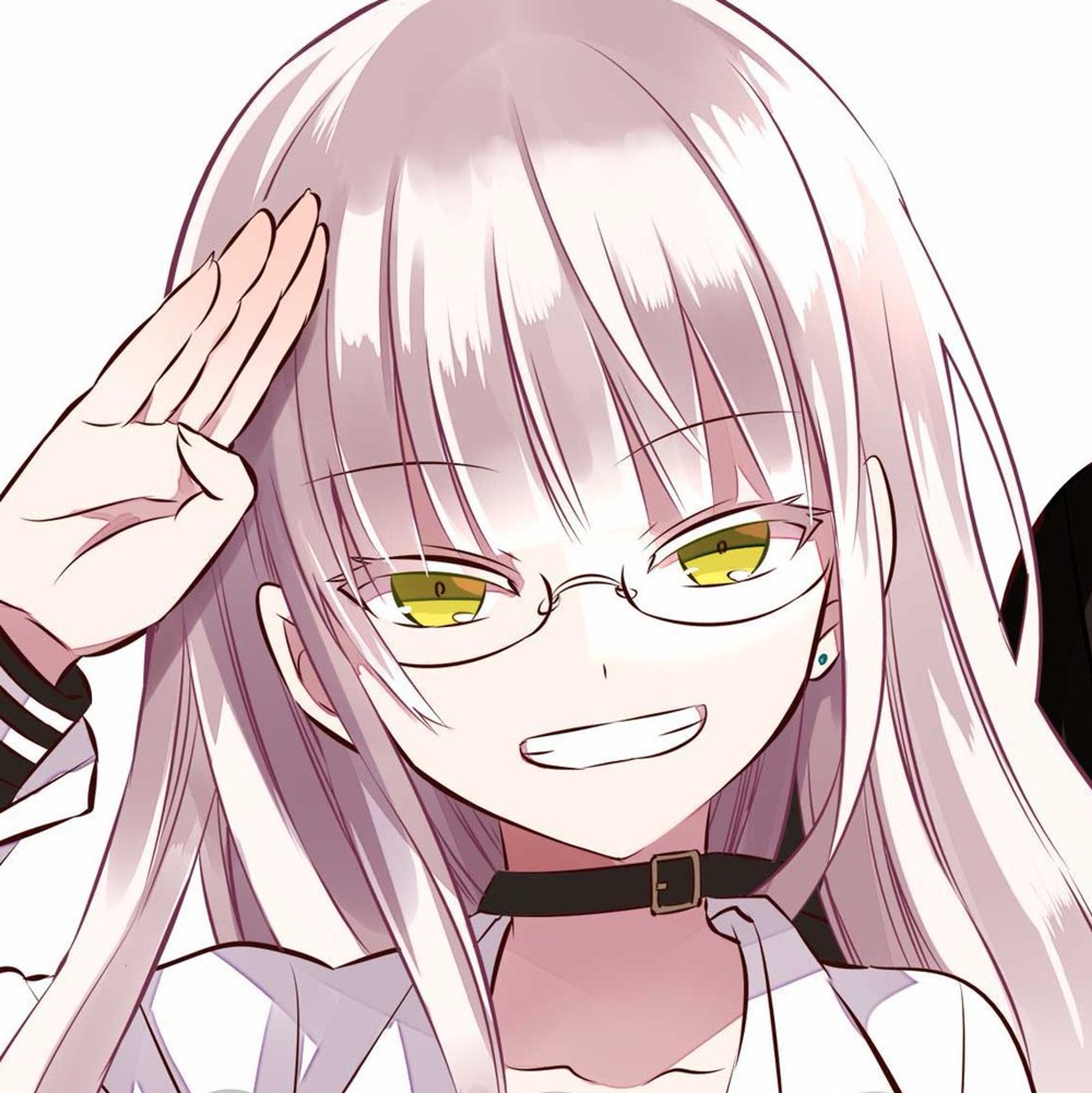 An anime-style character with light pink hair and yellow eyes, wearing a black outfit with a bow tie and making a hand gesture.