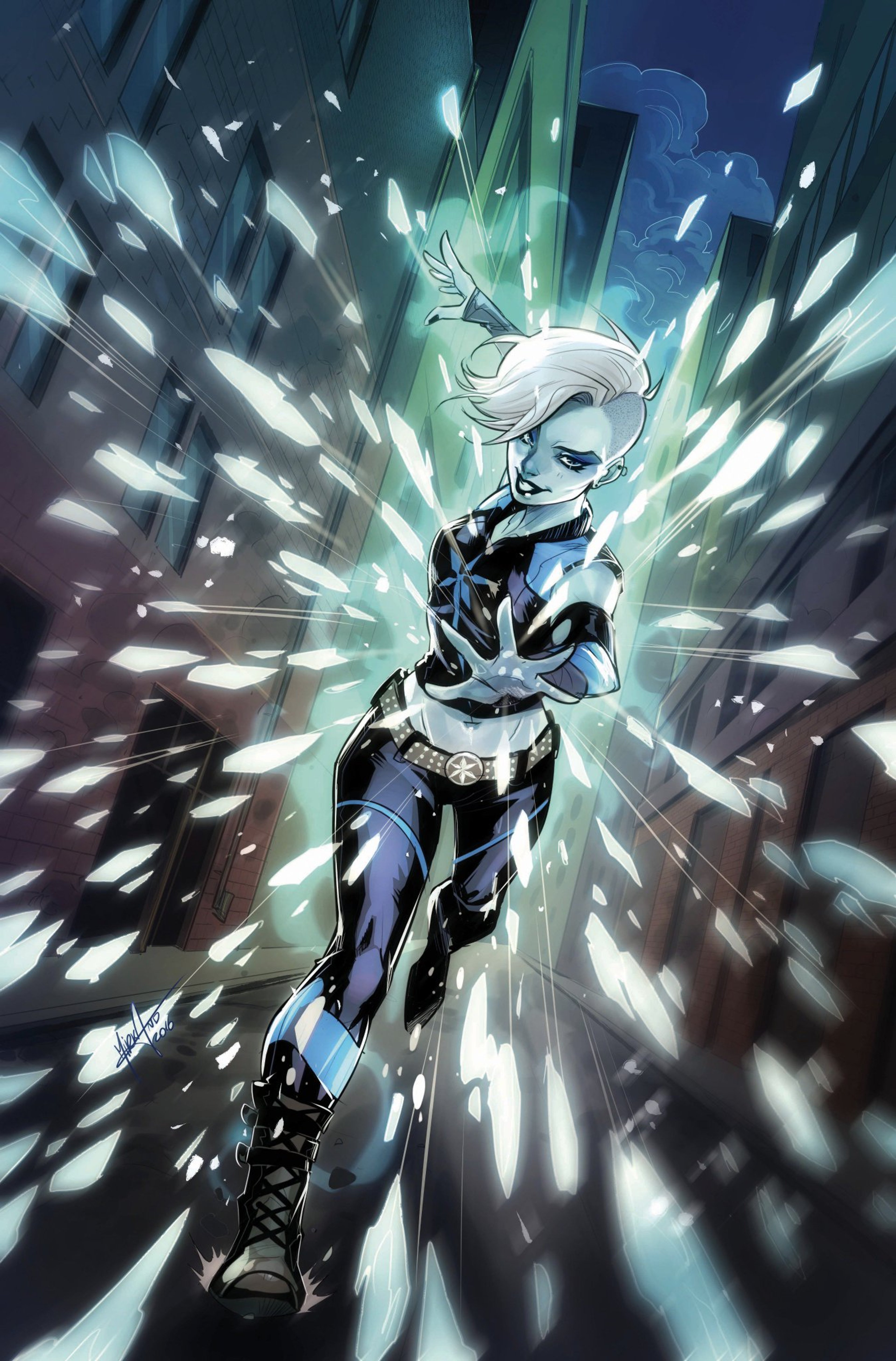 A female superhero character with white hair and an icy energy field surrounding her
