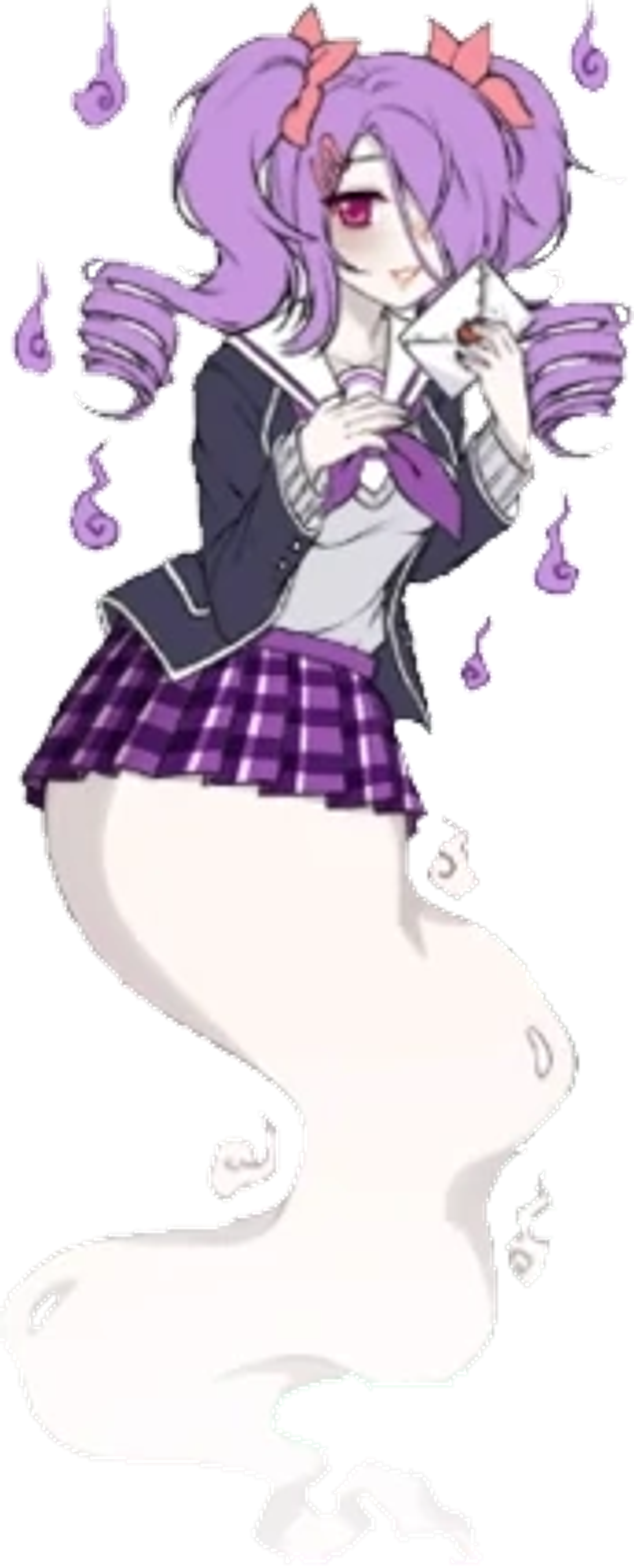 An anime-style character with purple twintails and a school uniform