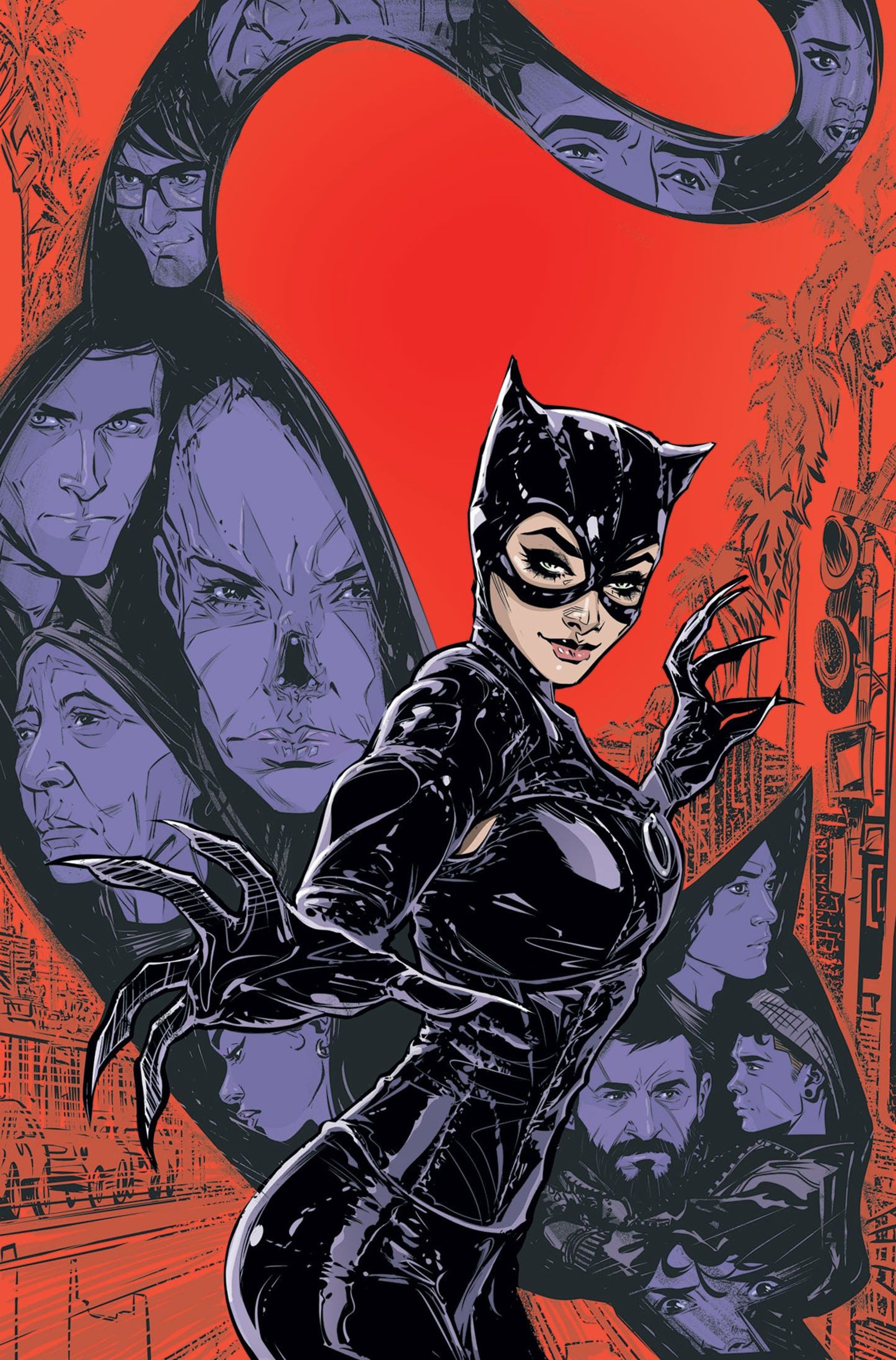 Catwoman, a female character in a black catsuit, posed in an action-oriented stance against a stylized cityscape background.