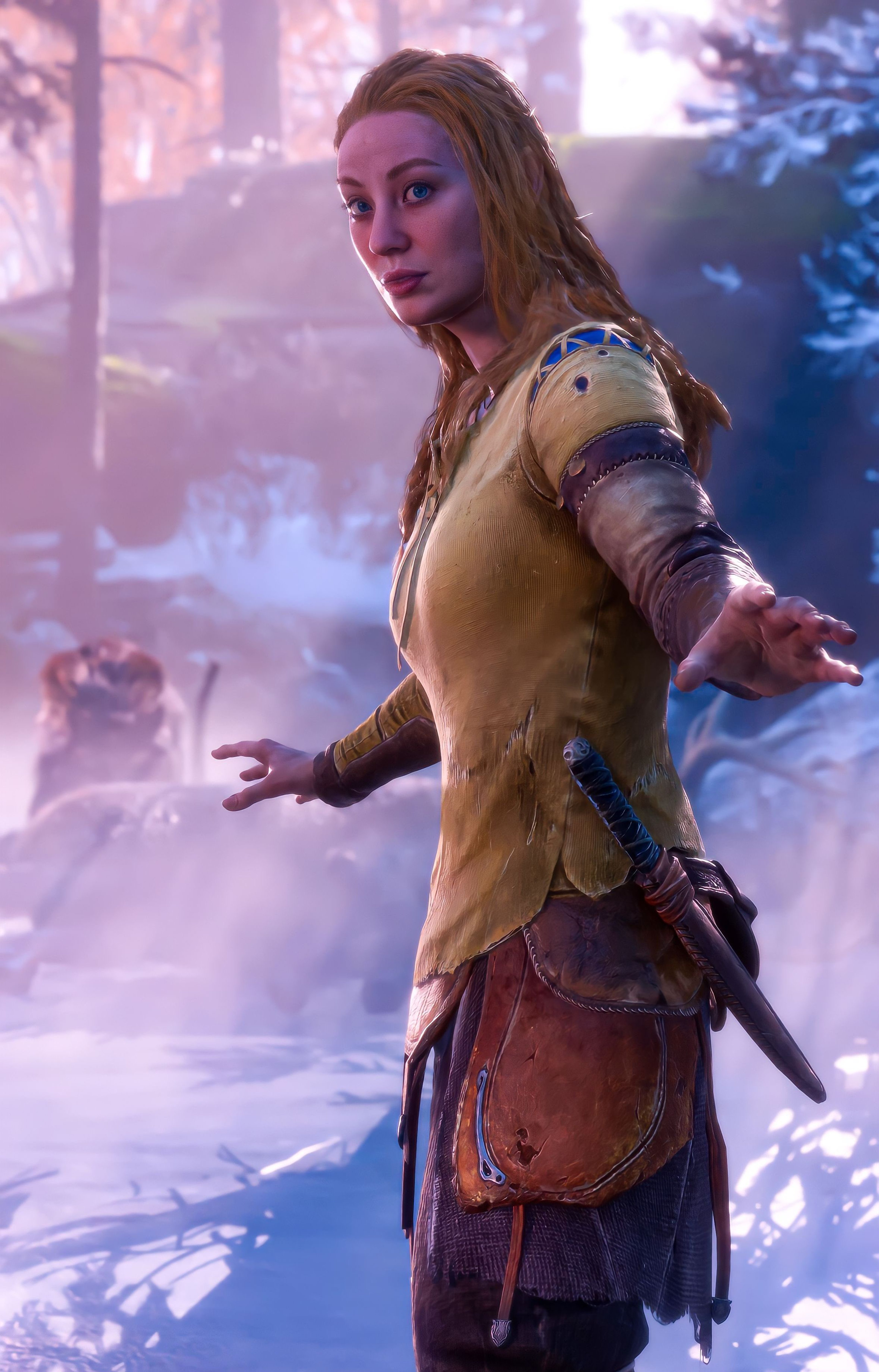 A female warrior with blue eyes and strawberry-blonde hair, wearing a leather outfit and holding a sword.