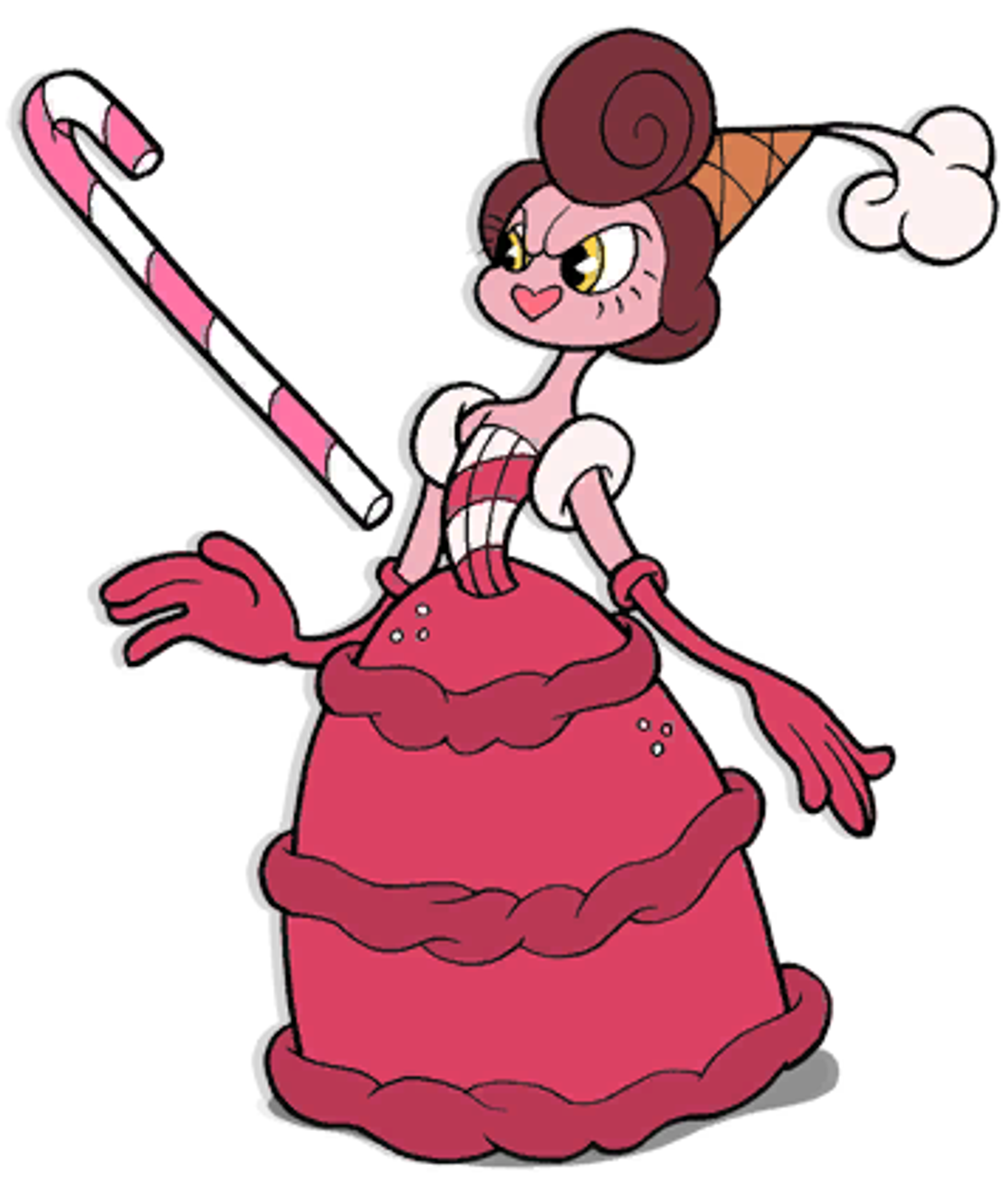 A candy-themed female character in an elaborate dress holding a candy cane staff