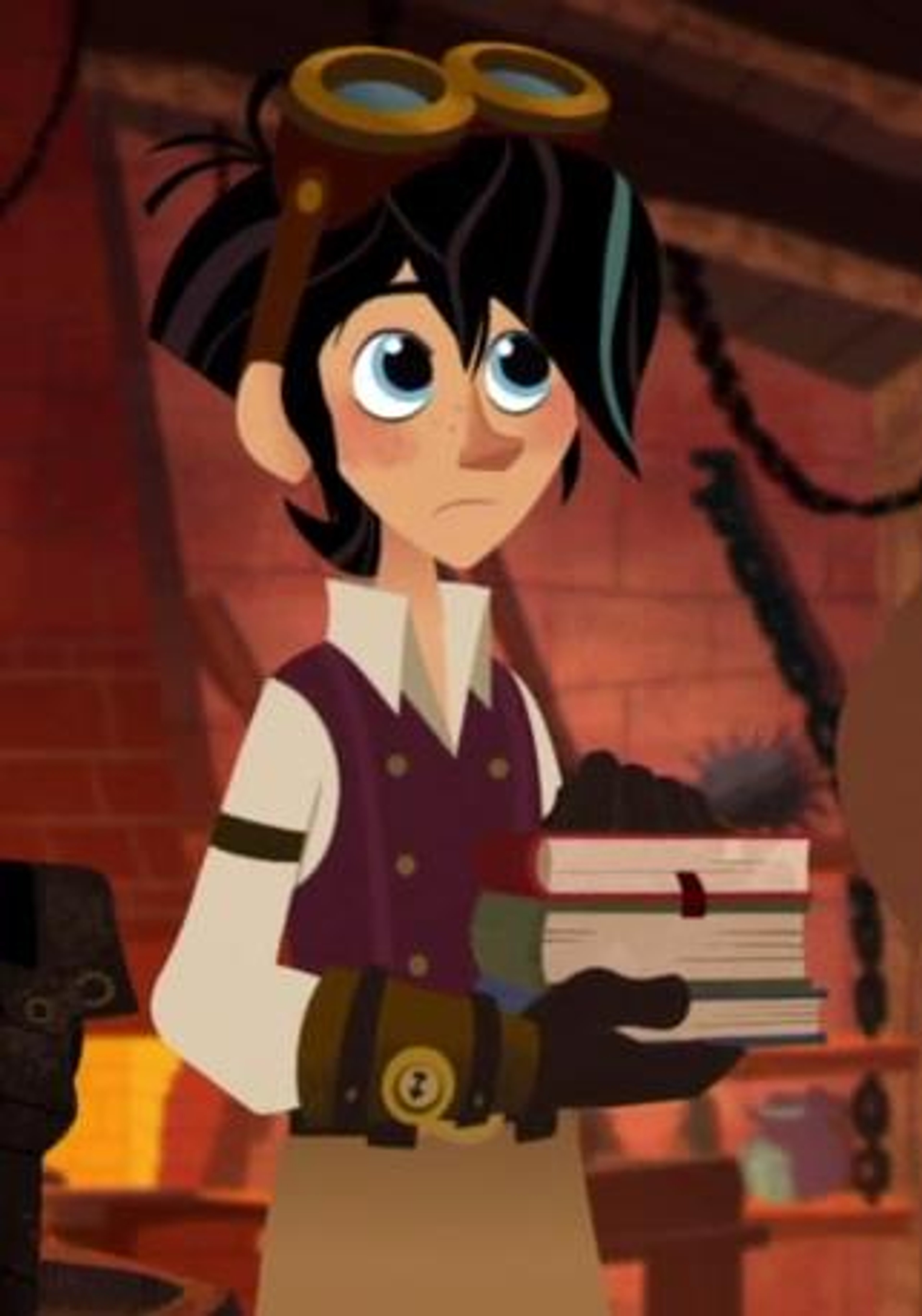 An animated character with black hair, blue streak, and goggles in a workshop setting