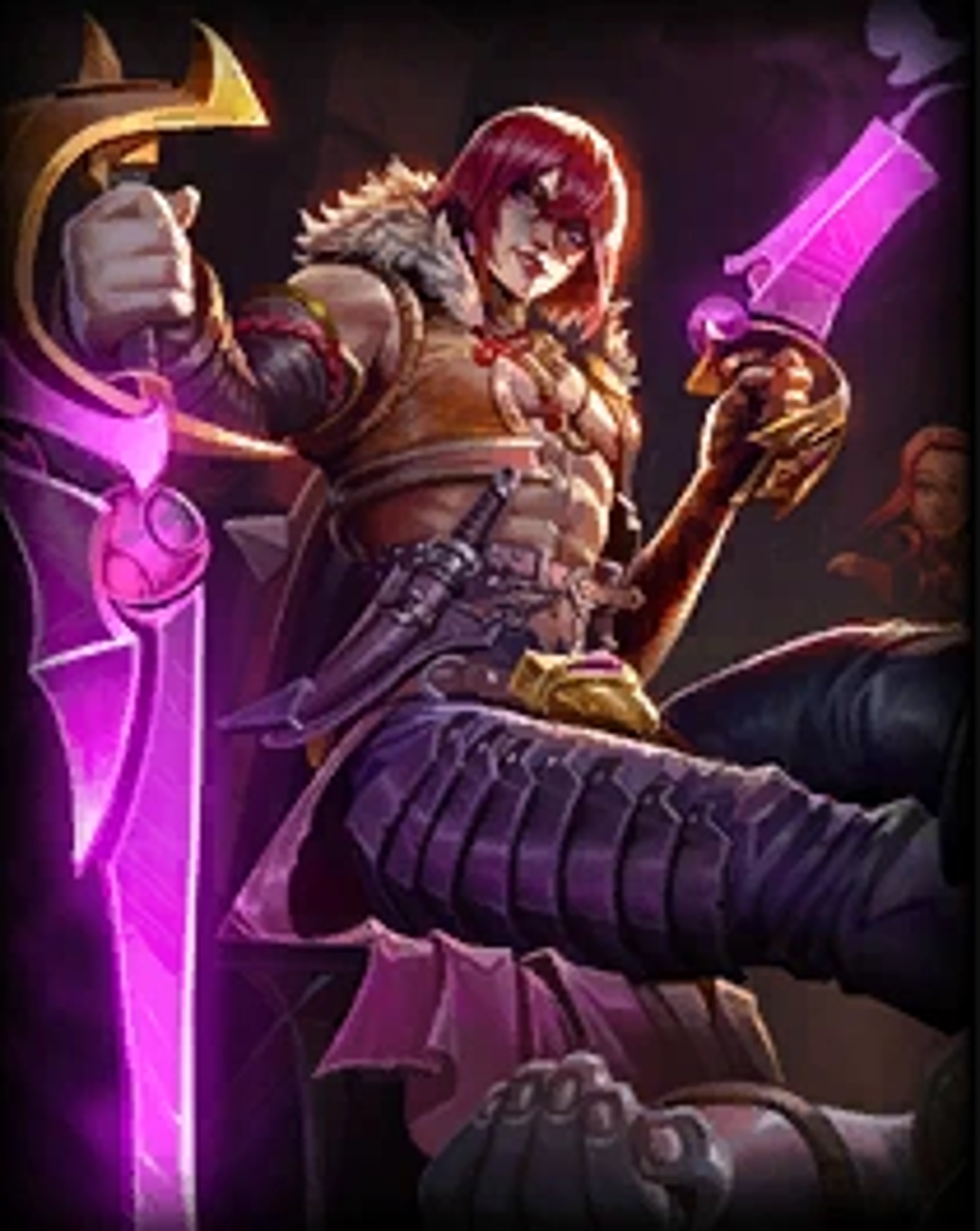 A muscular, armored male character with red hair wielding a glowing arcane weapon