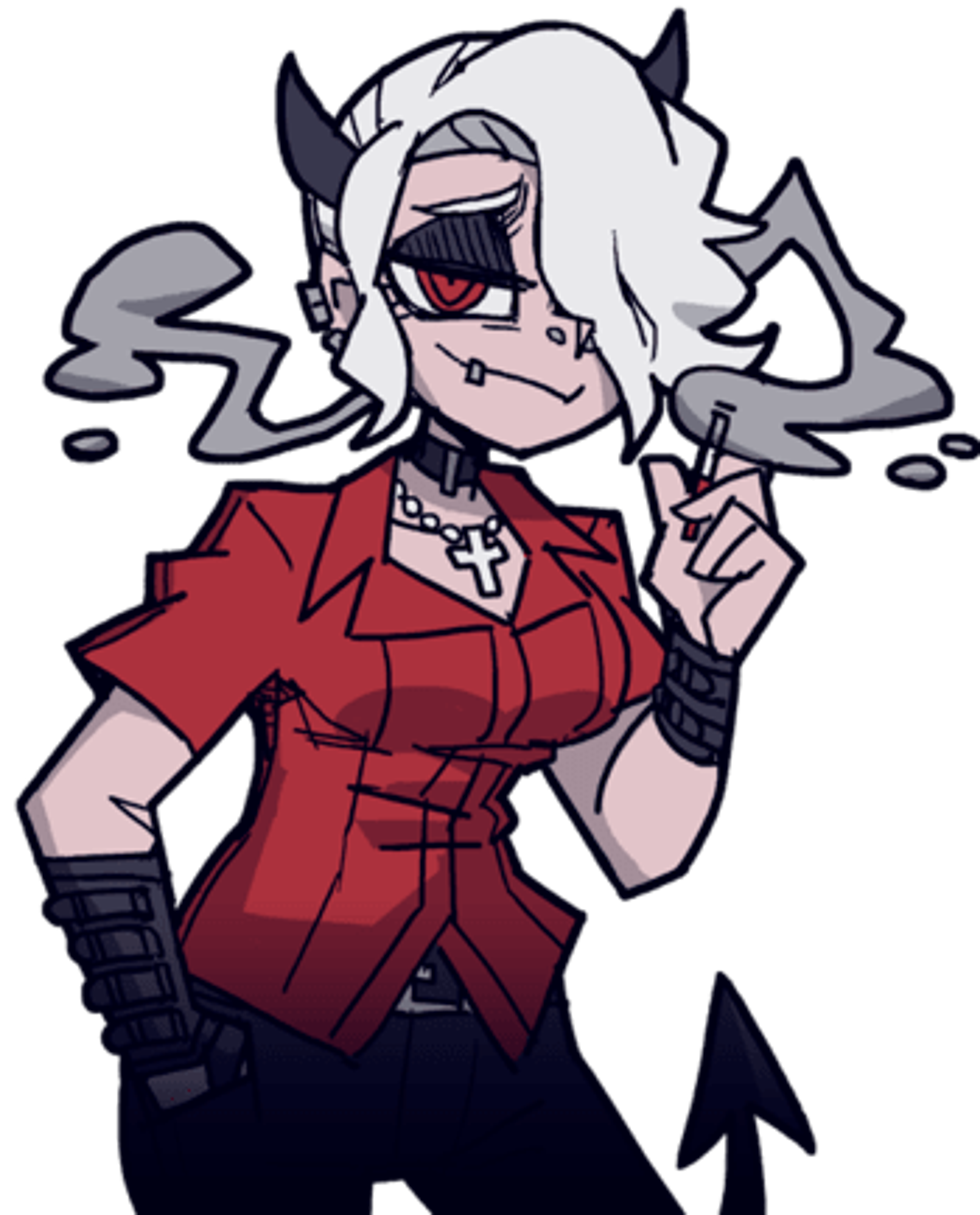 A female demon character with a punk rock aesthetic, standing in a defiant pose.