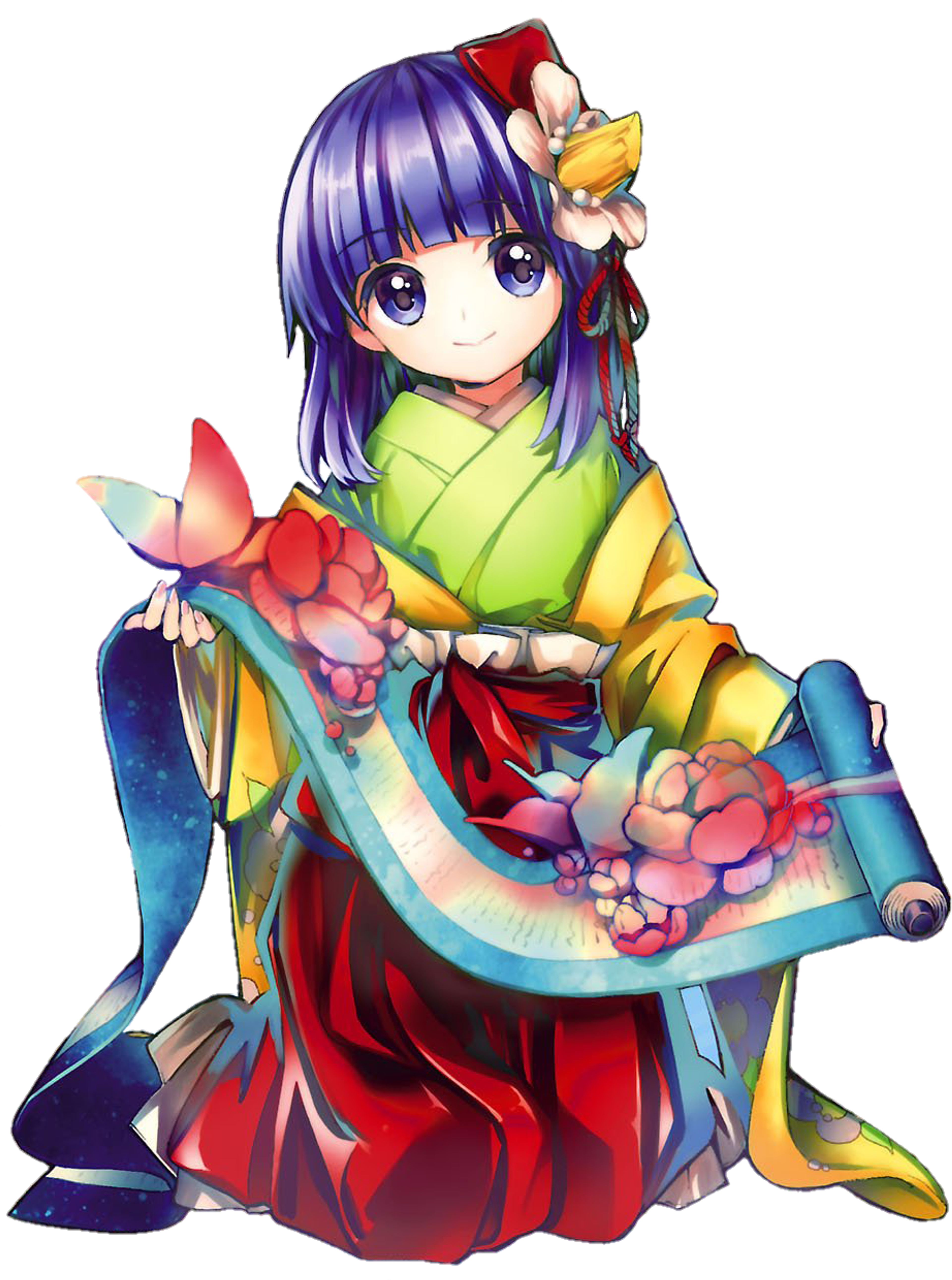 An anime-style character with purple/black hair and eyes, wearing a Japanese-inspired outfit with a green vest, yellow sleeves, and a shortened skirt, holding a scroll or book.