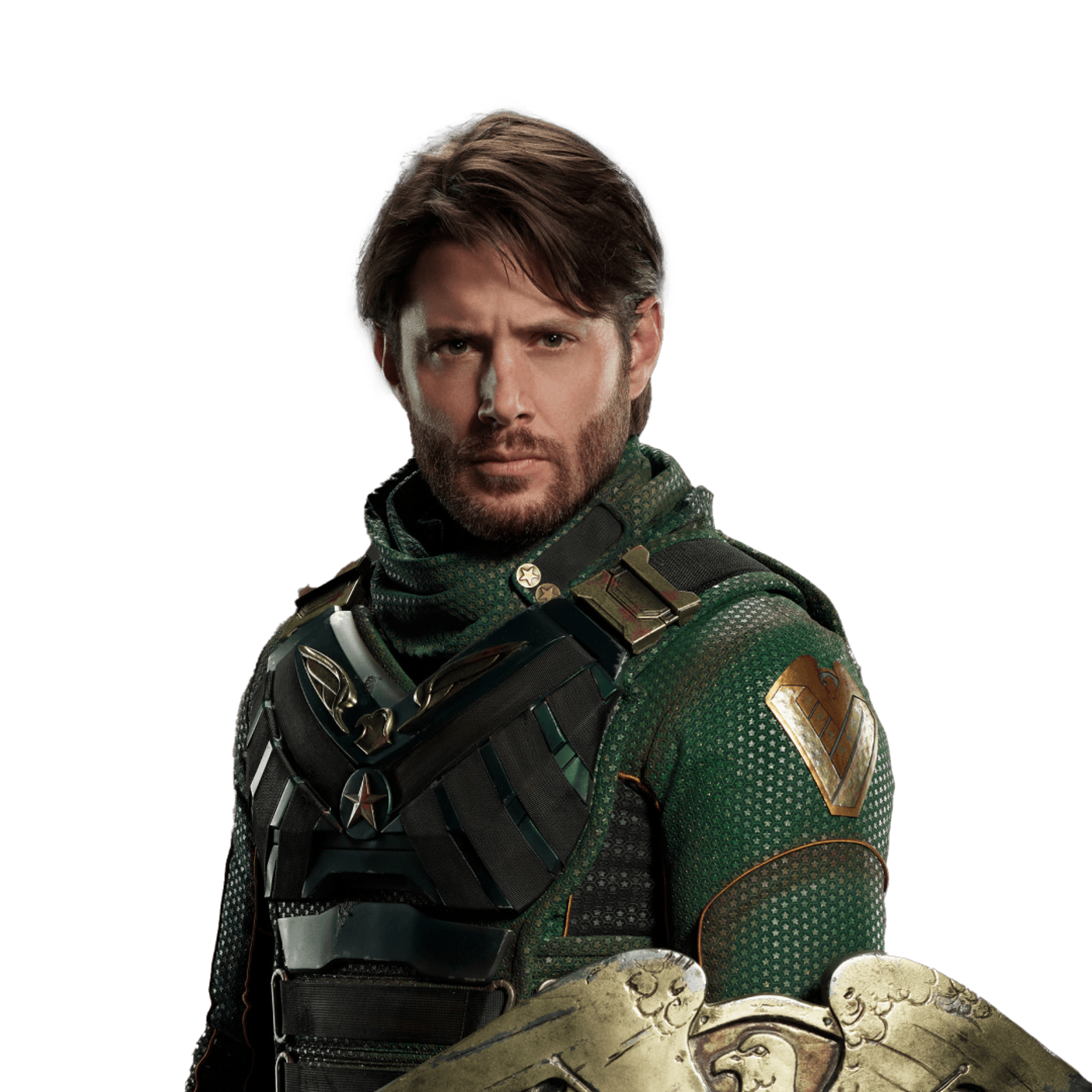 A muscular, bearded man in a green military-style outfit with tactical gear