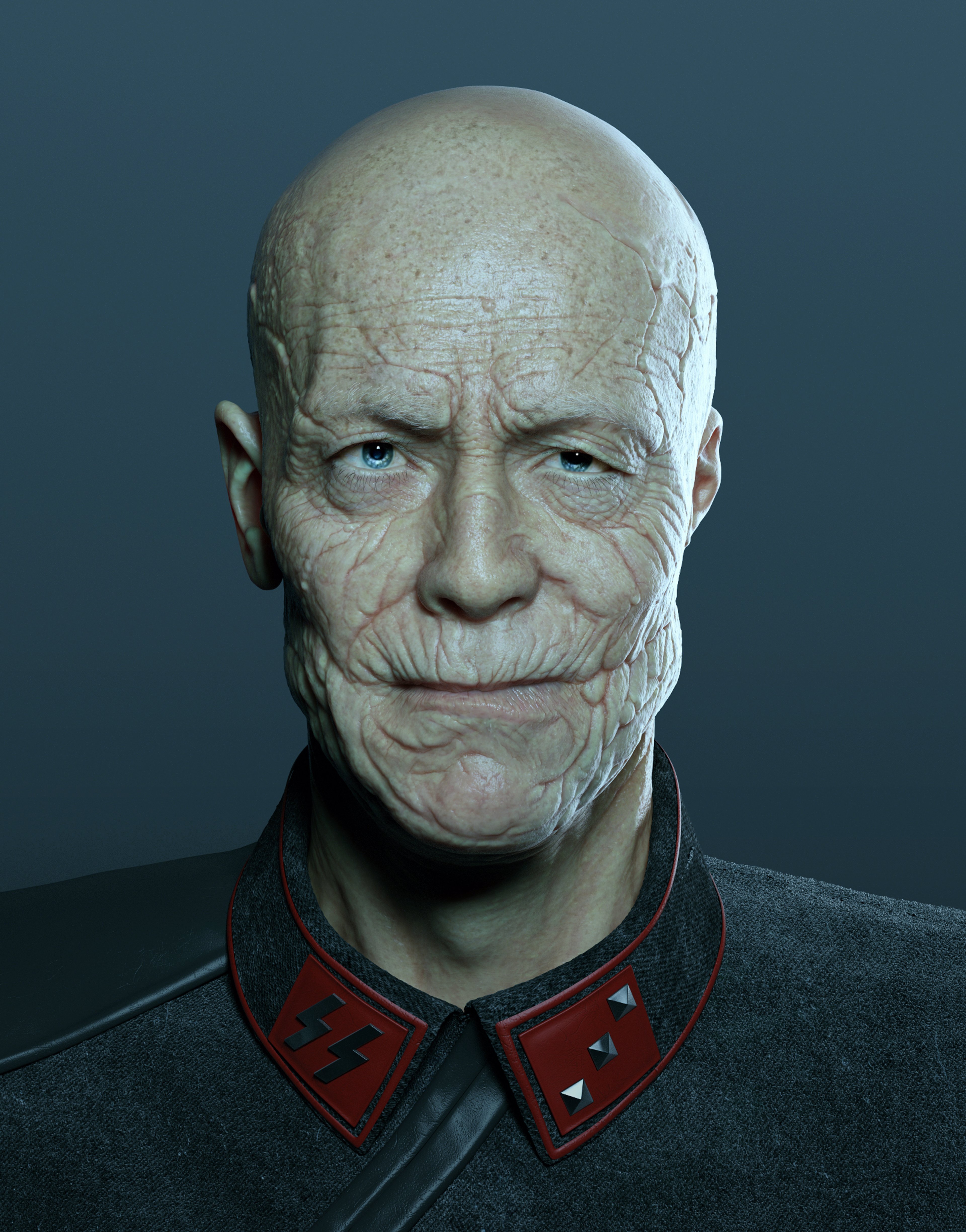 An elderly bald man in a Nazi military uniform with a scarred face and intense expression