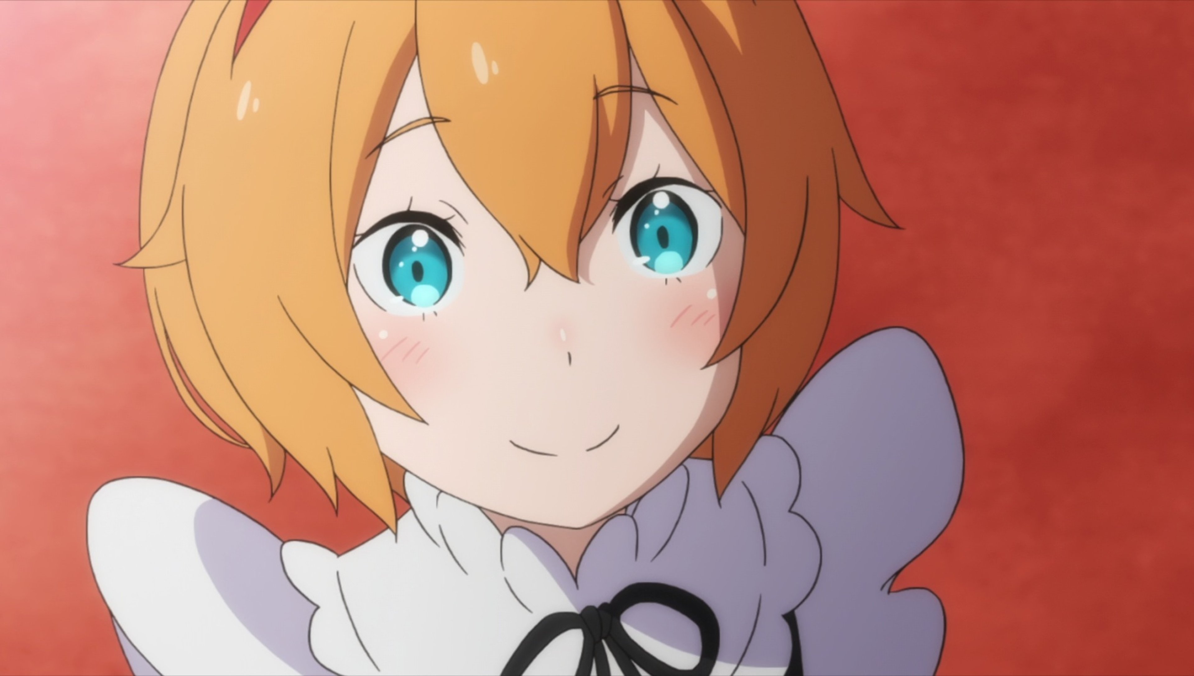 A young maid with reddish-brown hair and cyan blue eyes