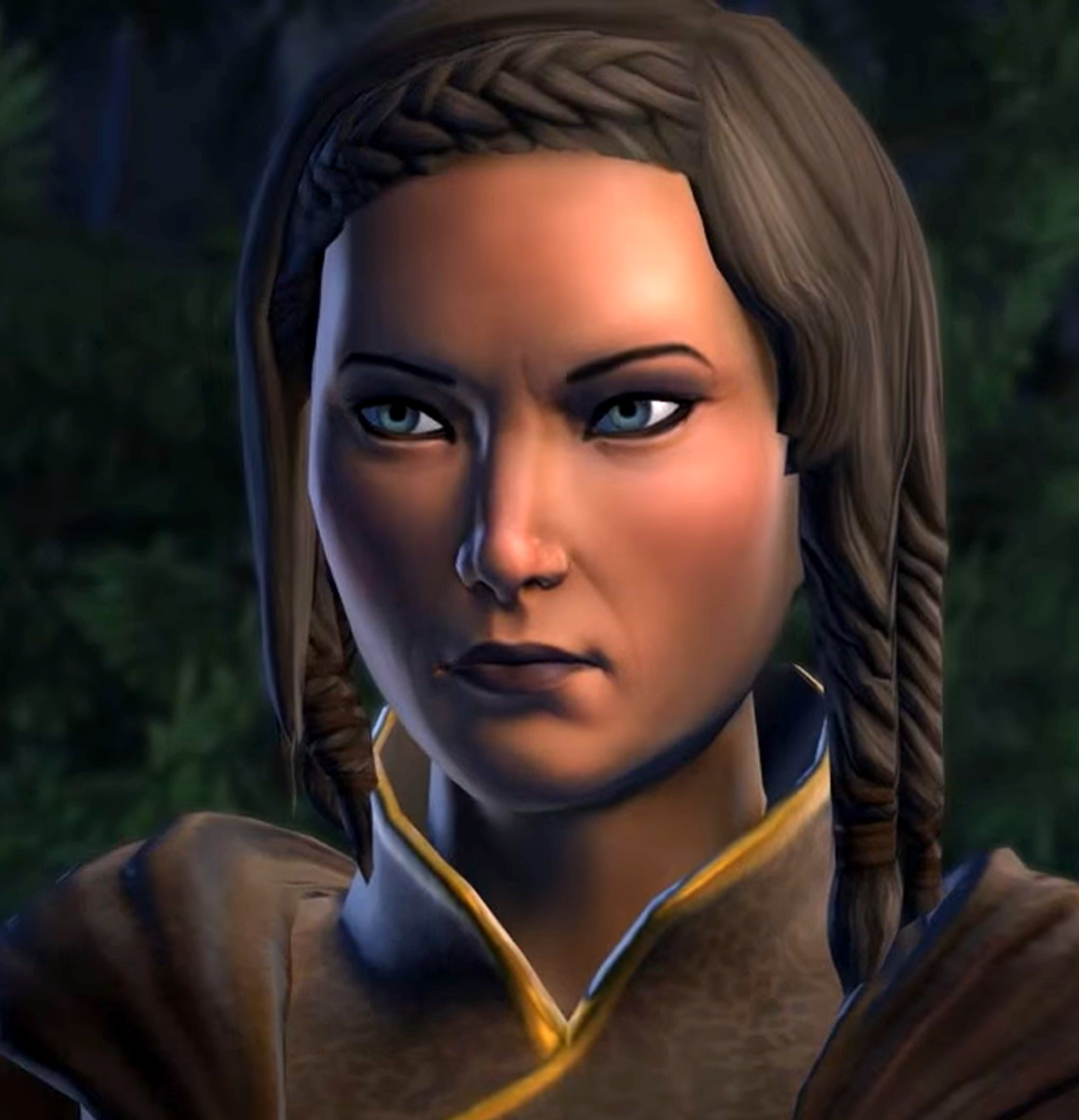 A woman with short gray-brown hair and intense blue eyes, wearing a yellow and brown outfit and carrying herself with a dignified and commanding presence.