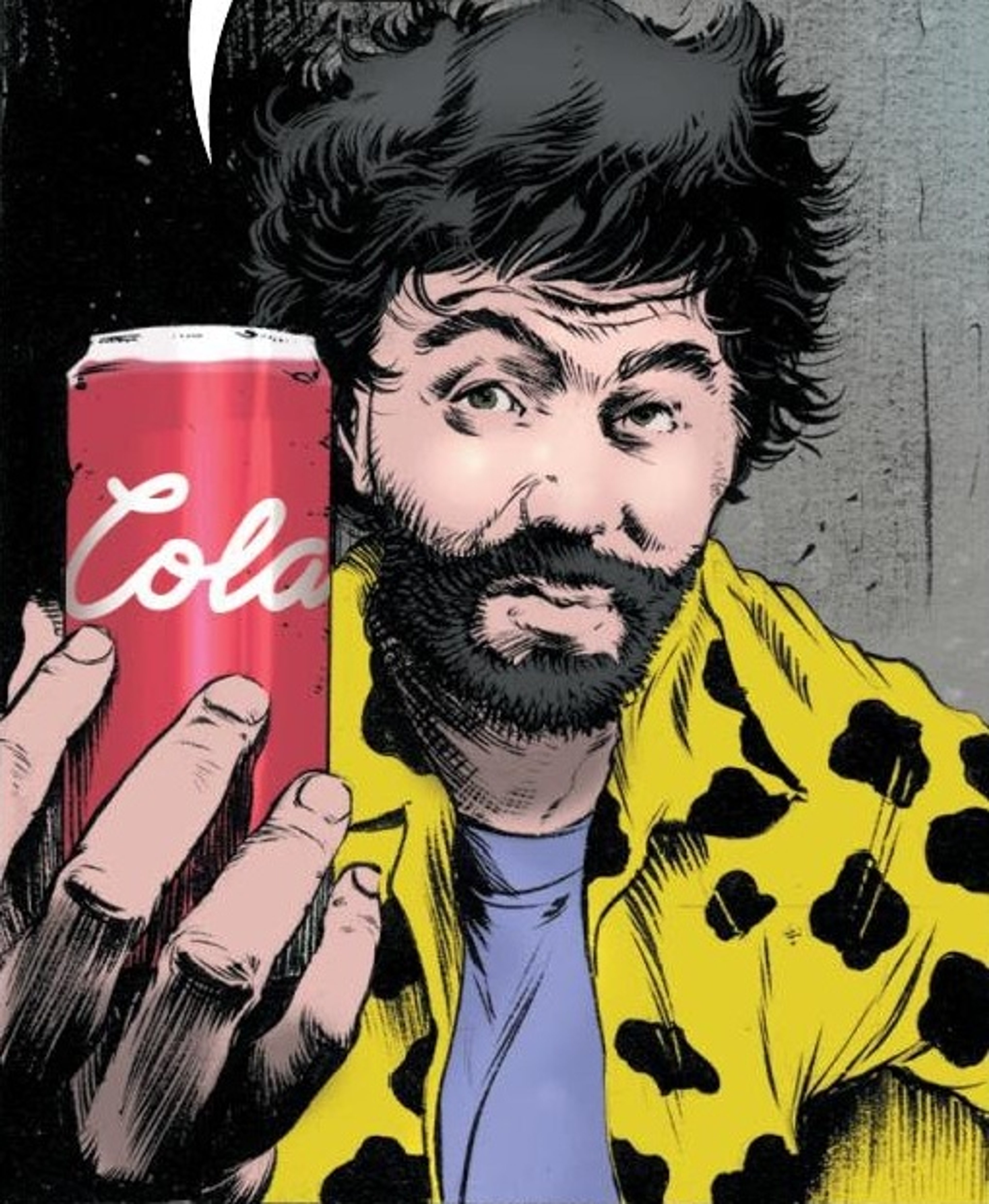 A man with a beard and curly hair holding a red soda can, with an intense expression on his face.