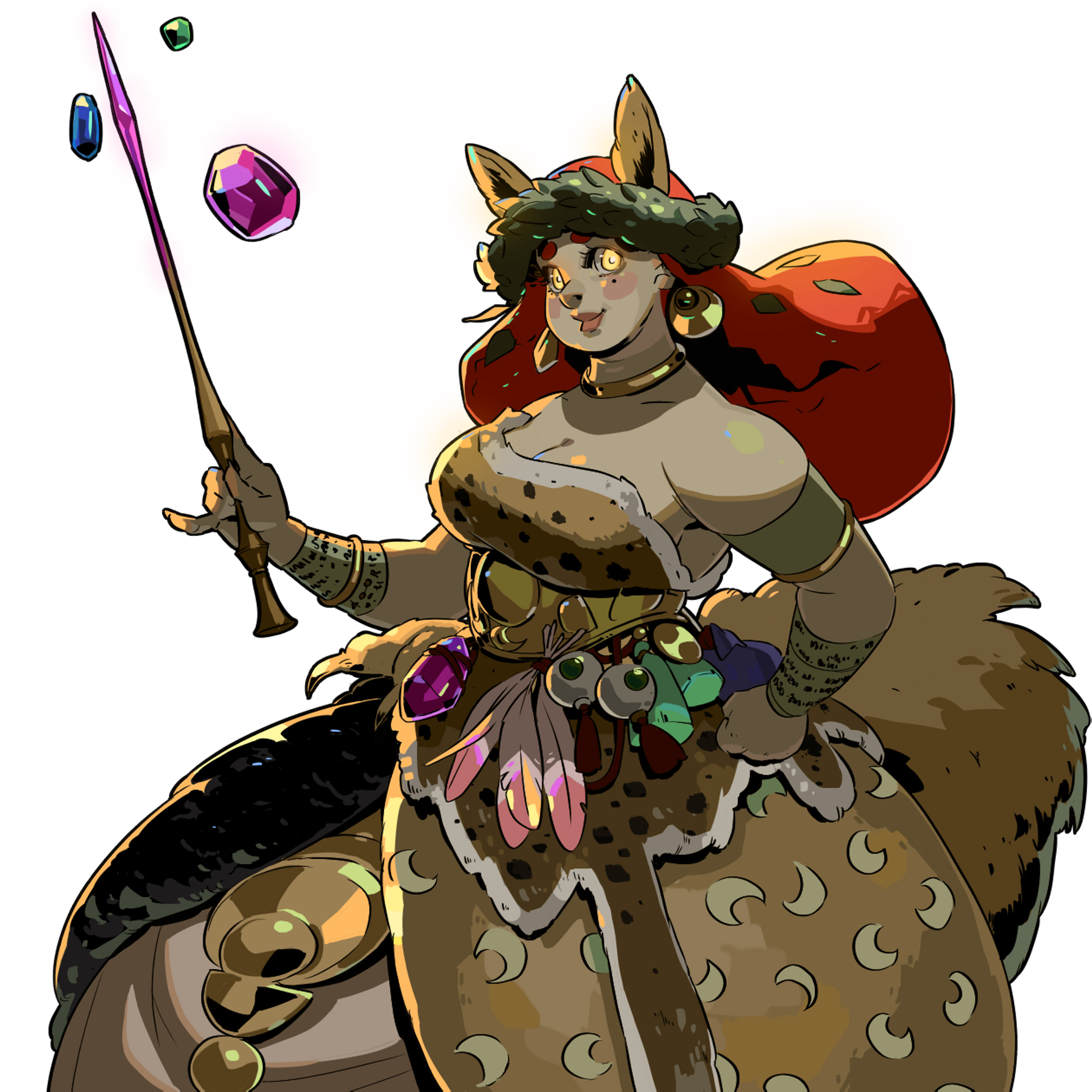 A powerful female enchantress or witch with golden eyes and an ornate, colorful outfit holding a magical staff or scepter.